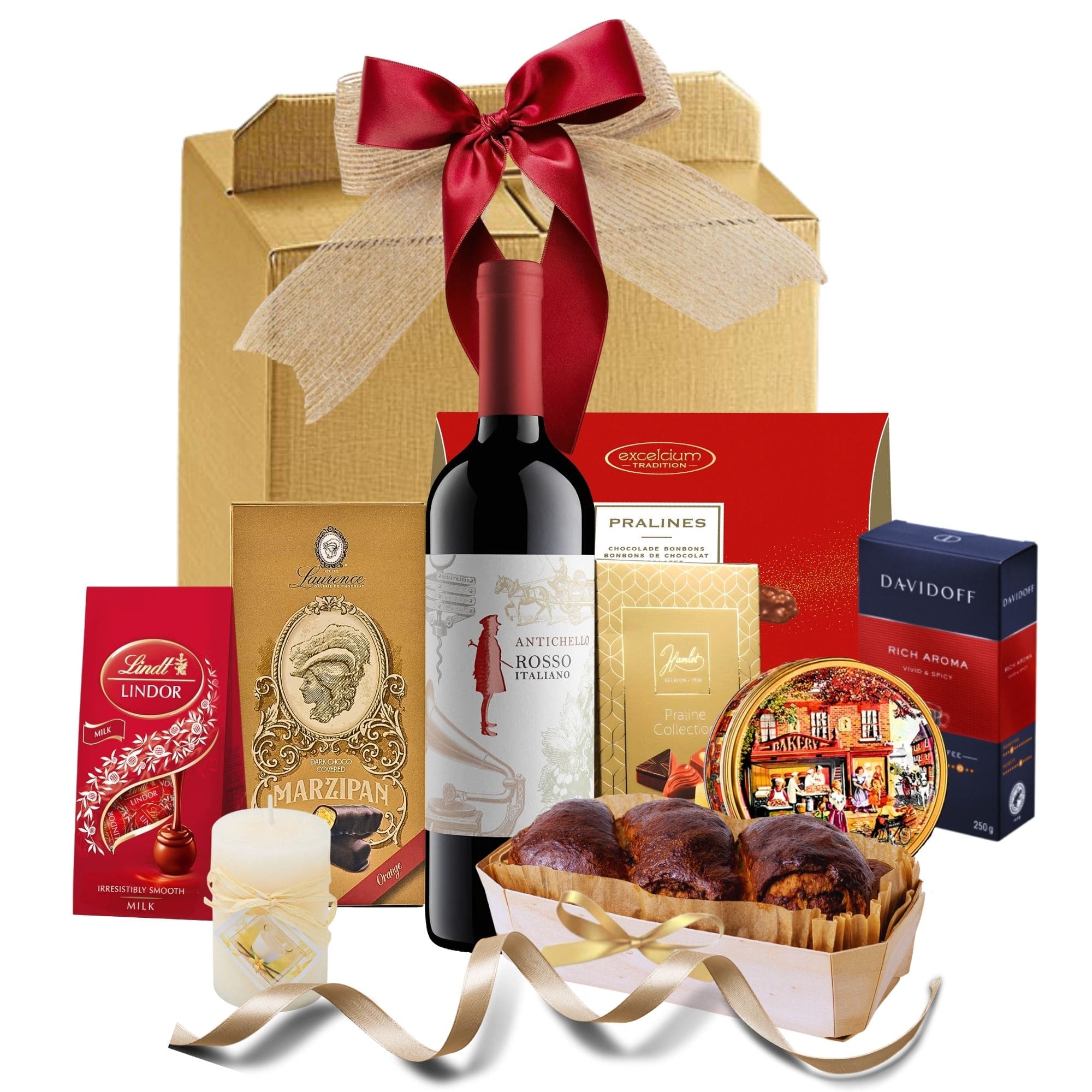 Set Santa Sofia Splendor cu vin Antichello Rosso, cafea Davidoff, dulciuri gourmet și cozonac în cutie premium