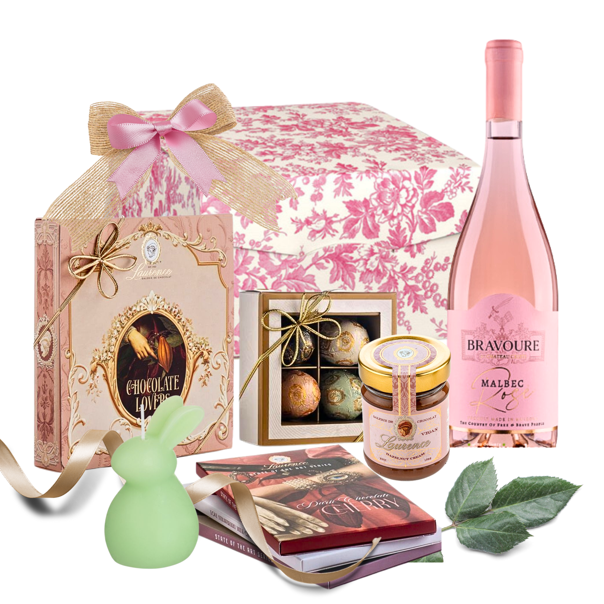 Coș Rosé & Chocolate Temptation cu Malbec Rosé, caramel, praline și lumânare tematică de Paște