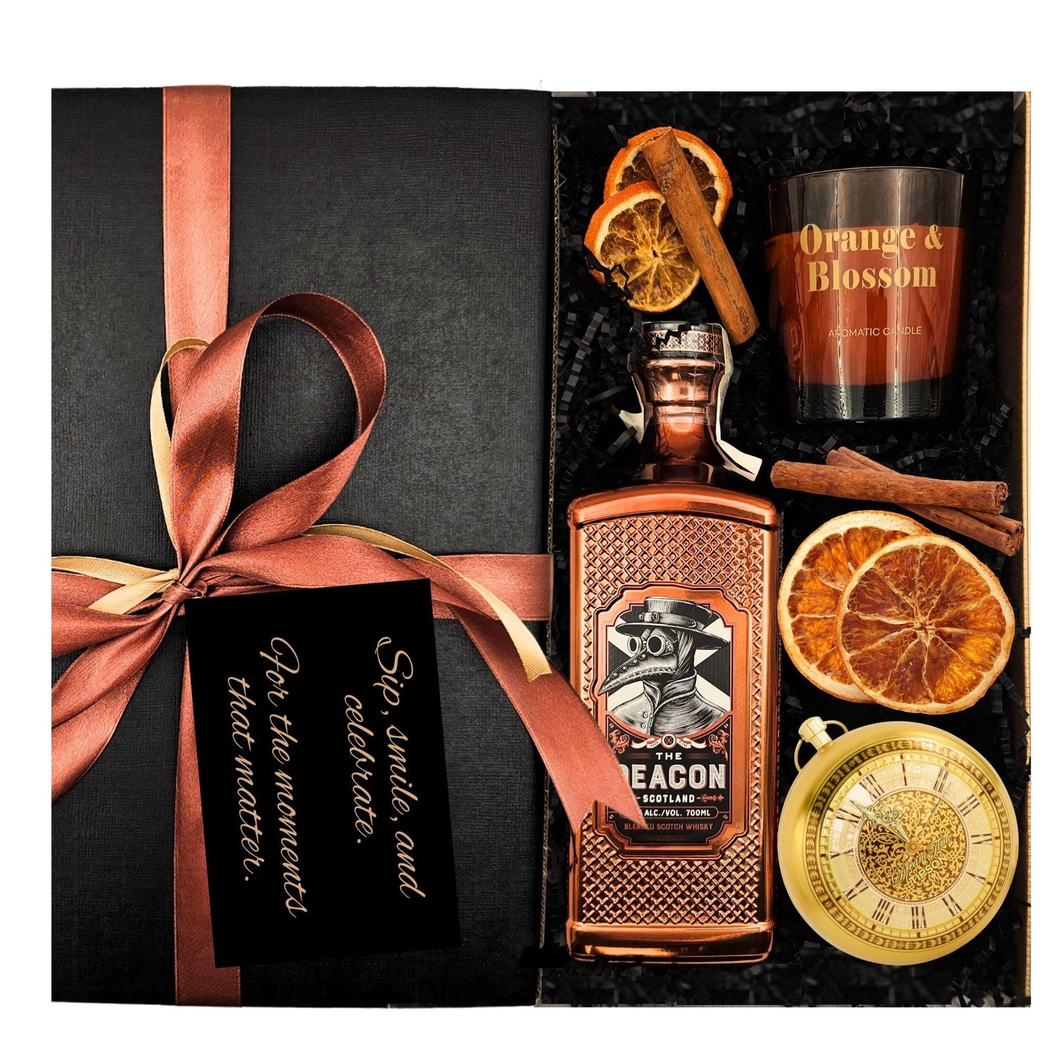 Set Aromatic Elegance cu The Deacon Scotch Whisky, lumânare Orange Blossom și ceai Kingsleaf Dream Time într-o cutie premium