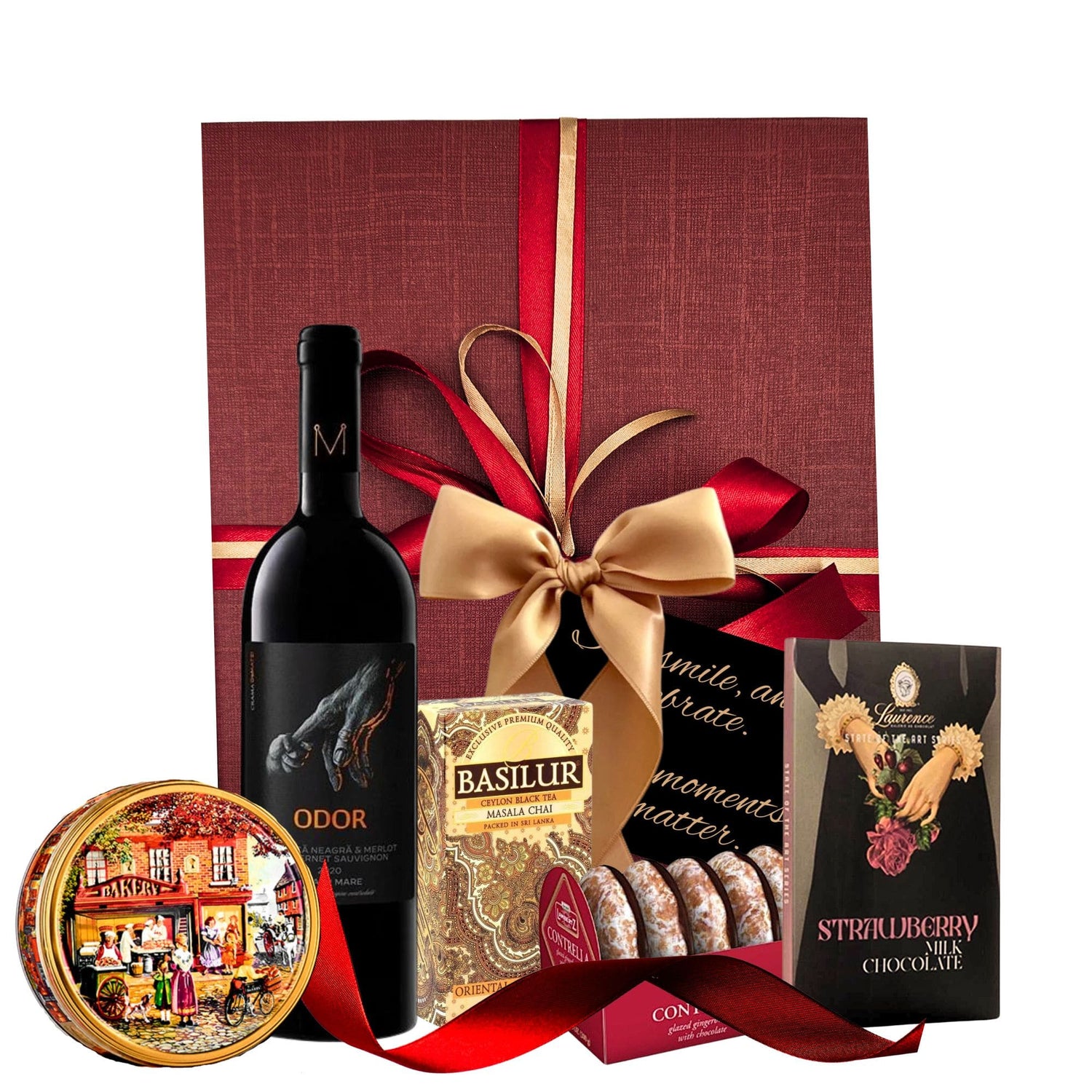 Coș Aurum Ruby cu vin Roșu Odor, ceai Masala Chai, fursecuri Jacobsen, turtă dulce și ciocolată Laurence în ambalaj premium