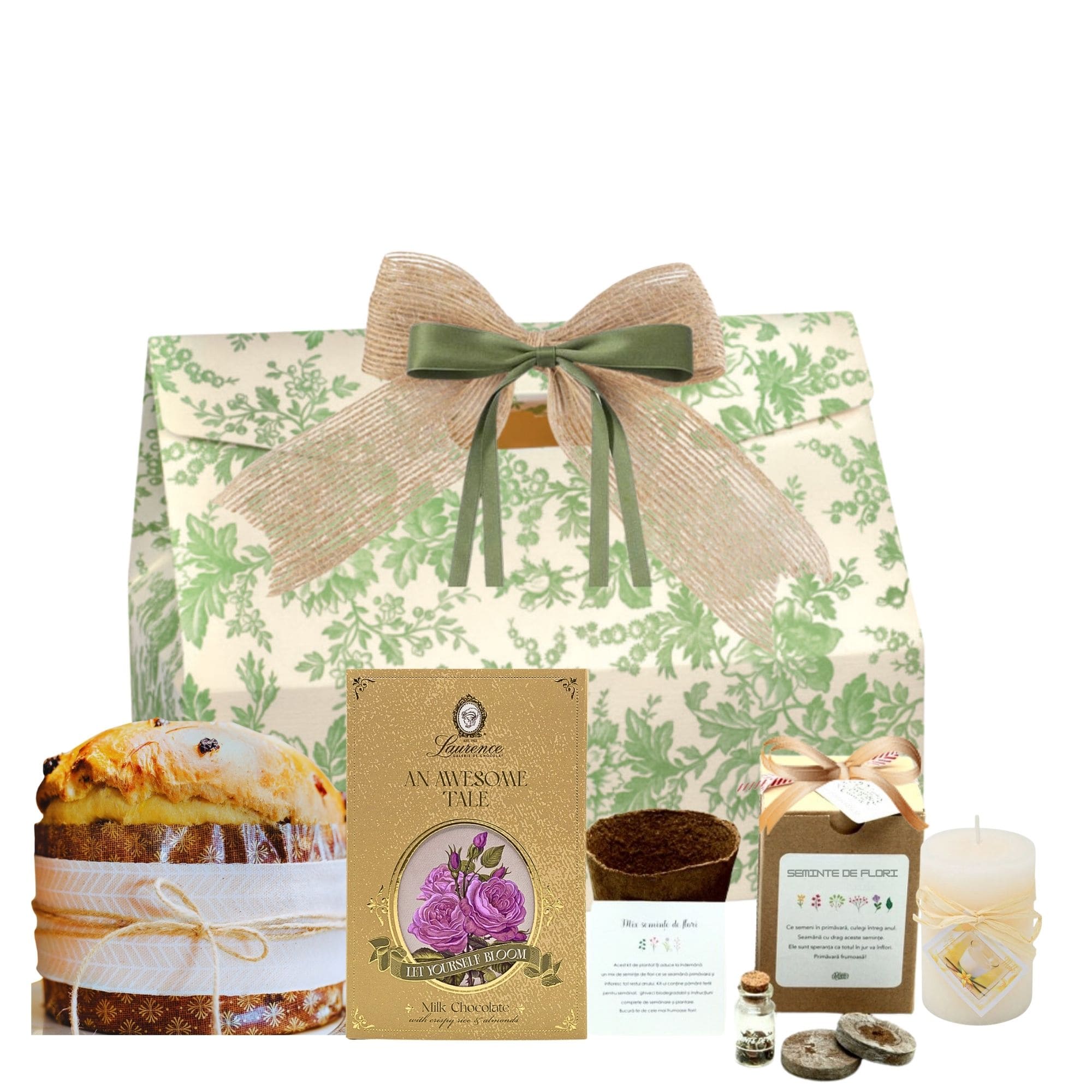 Coș Blooming Surprise cu ciocolată Laurence și kit plantare flori