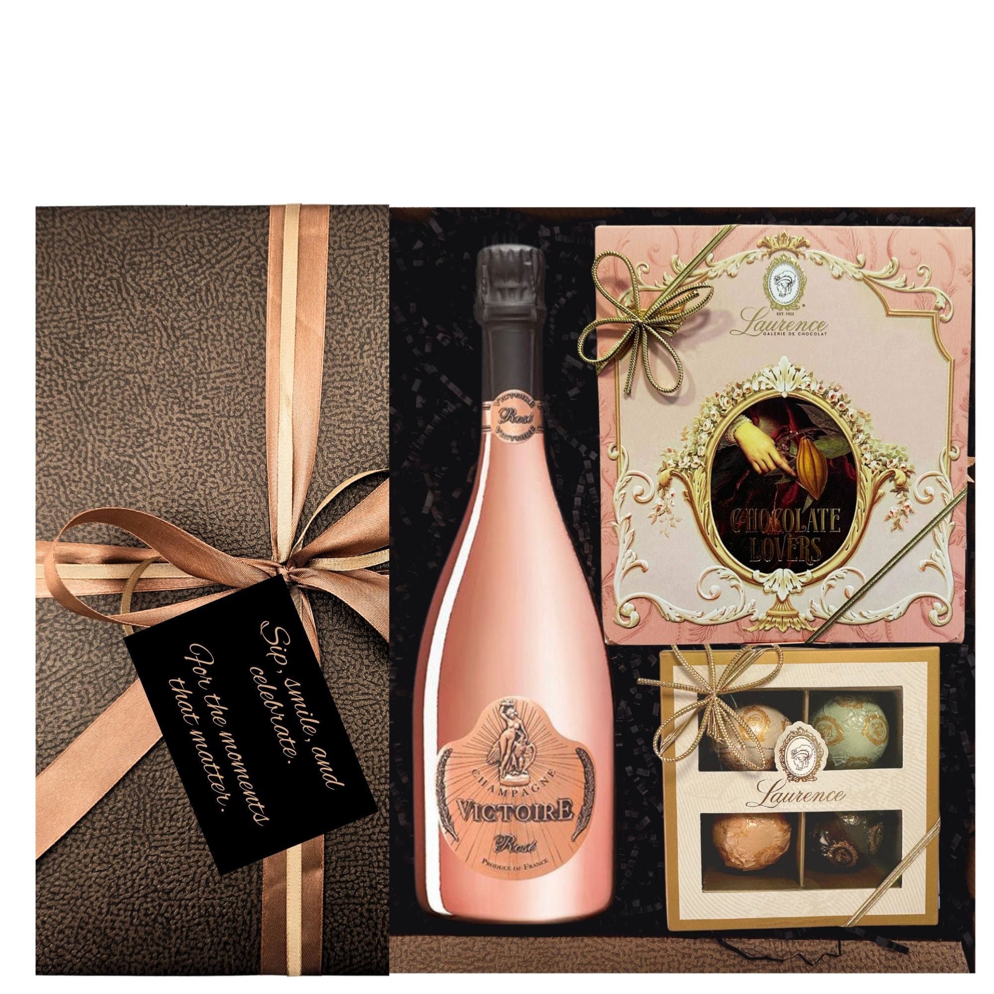 Set Celebrate in Rosé Style cu șampanie G.H. Martel Rose Brut, praline Trilogie Chocolate Lovers și cutie Laurence Bells