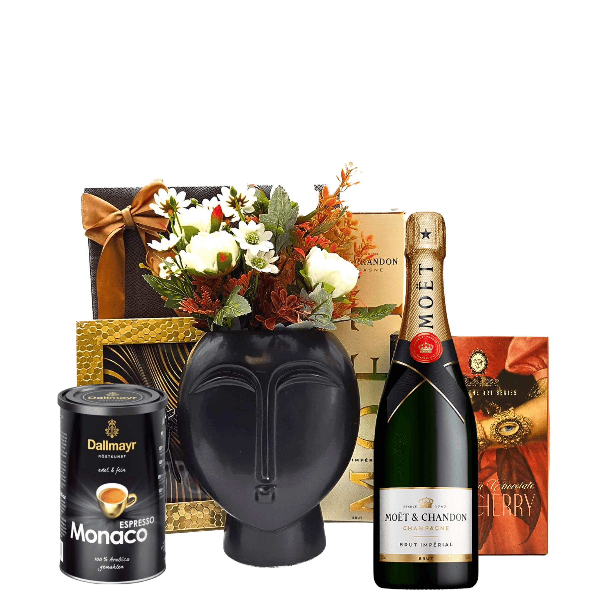 Set Classy And Refined cu șampanie Moet&Chandon, cafea Dallmayr, ciocolată cu cireșe Laurence, vază neagră, buchet flori și ramă foto aurie