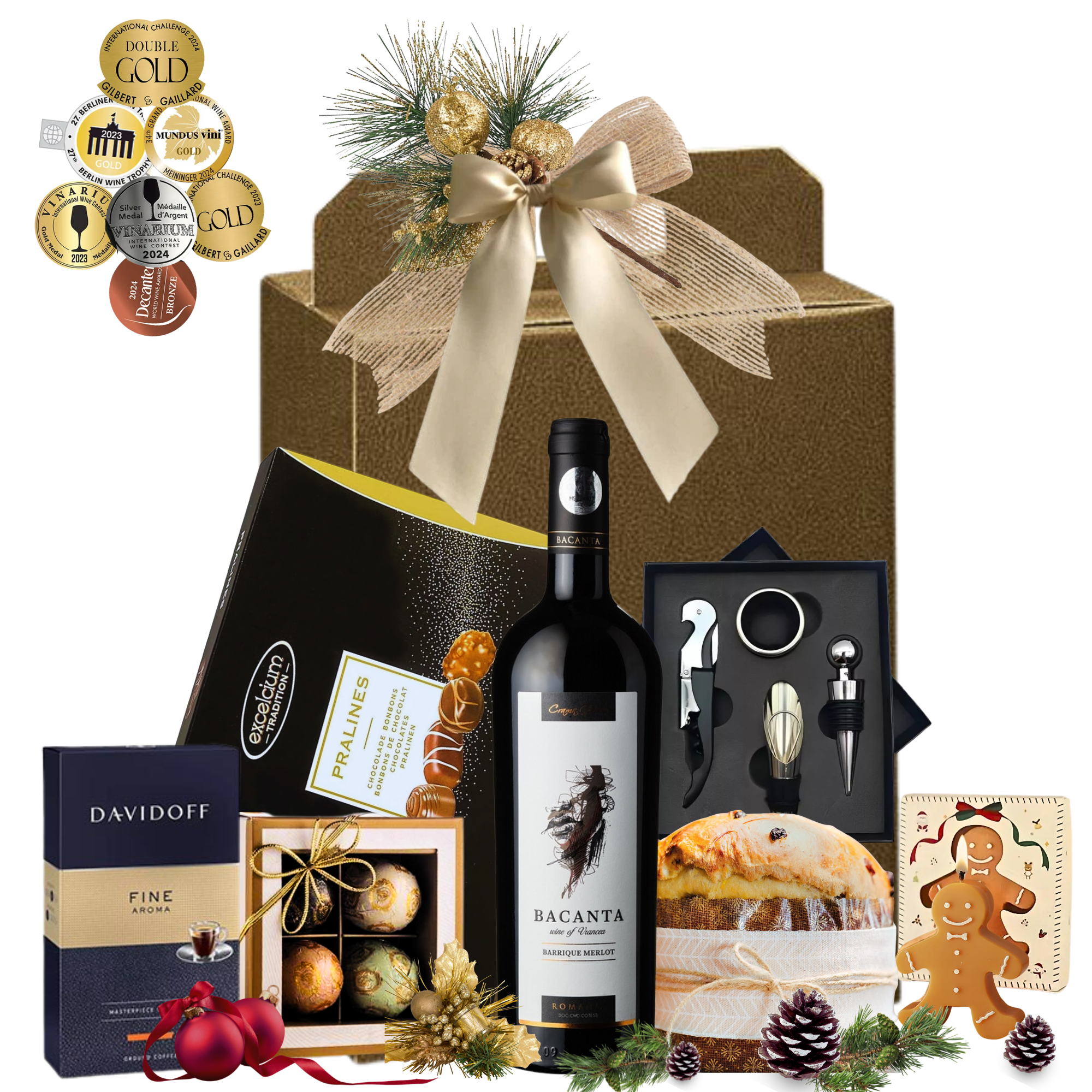 Cadou Crăciun Bacanta Signature cu Merlot Barrique, panettone, cafea și praline, în cutie festivă