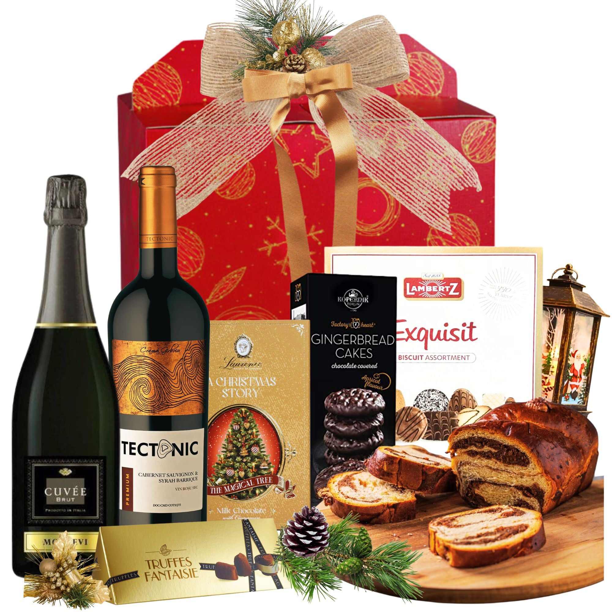 Cos cadou Crăciun Double Joy cu spumant Montevi, vin roșu barrique, cozonac și trufe, în cutie festivă