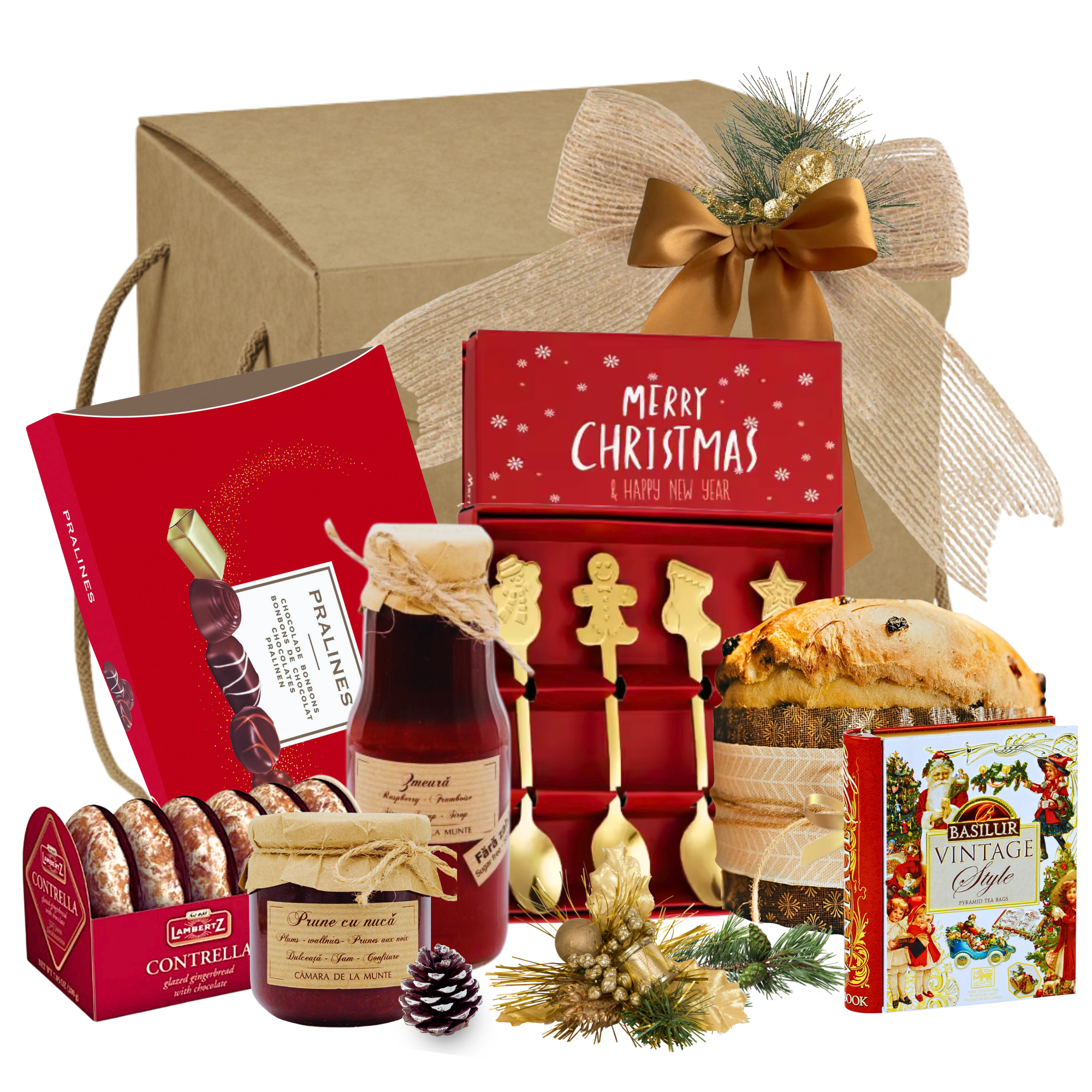 Cos cadou Crăciun Gourmet Storybook cu ceai Basilur, panettone, biscuiți și sirop de zmeură, în cutie festivă