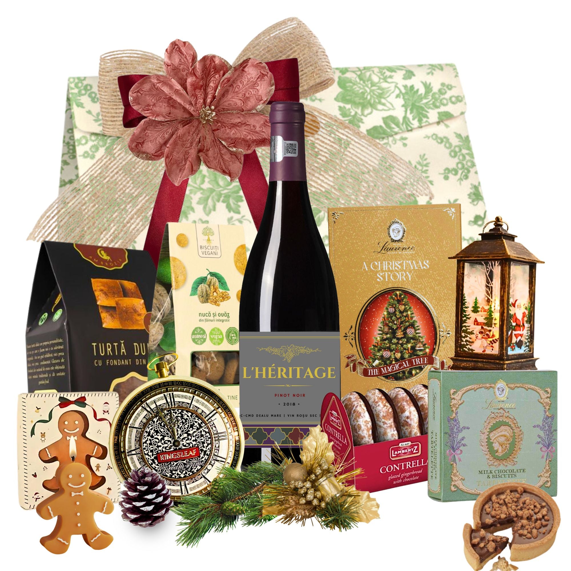 Cos cadou Crăciun Perfect Selection cu vin L’Heritage, ceai Kingsleaf și deserturi festive