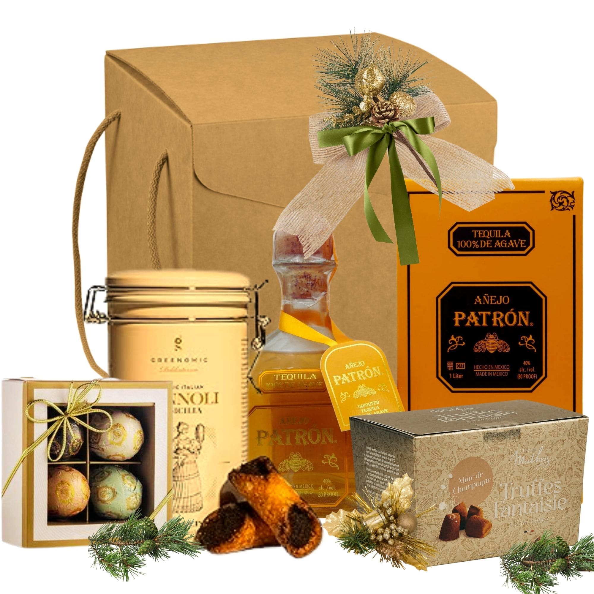 Coș cadou Tequila Dream cu Patrón Añejo, cannoli Capuccino, trufe Mathez și praline Laurence