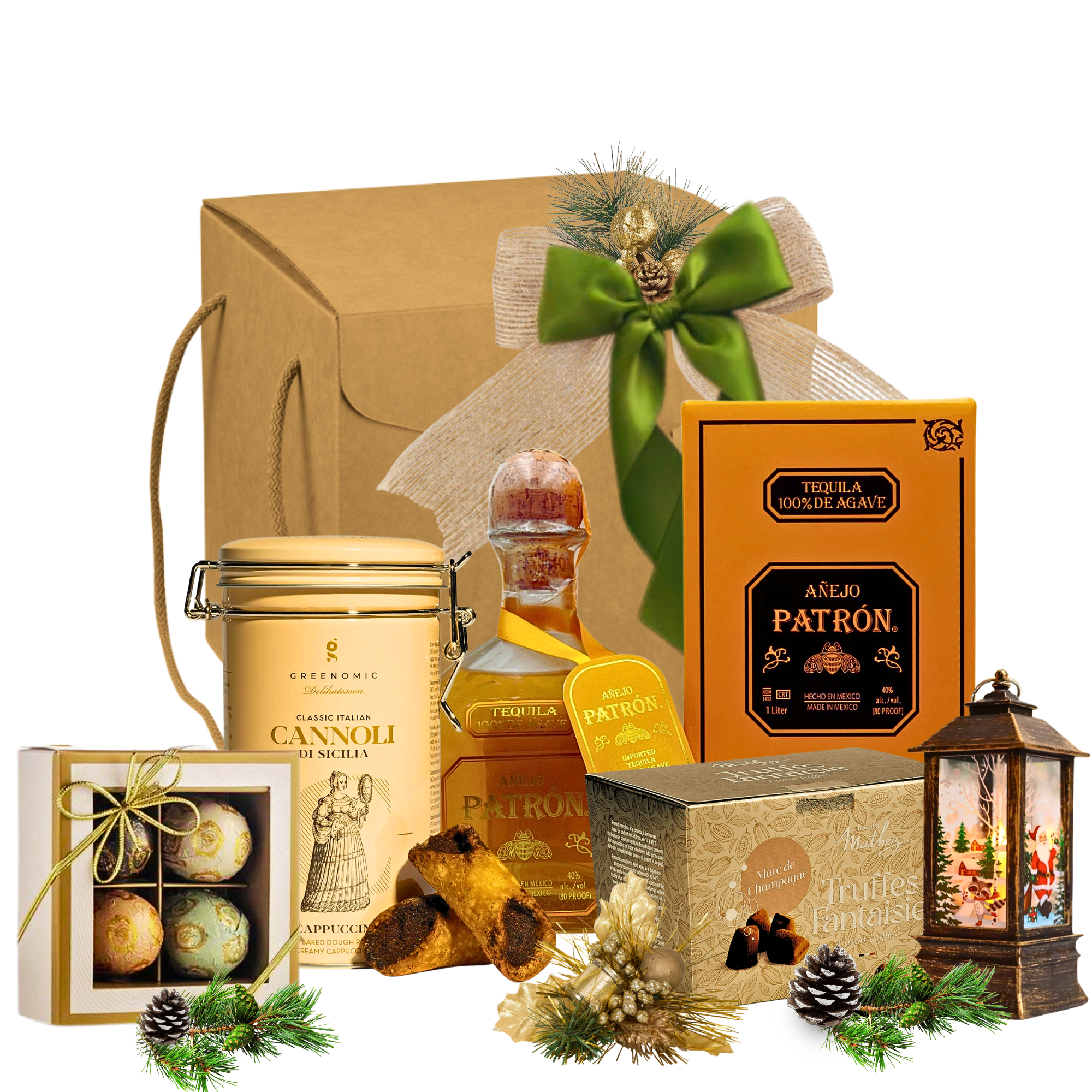 Coș cadou Tequila Dream cu Patrón Añejo, cannoli Capuccino, trufe Mathez, decoratiune felinar și praline Laurence