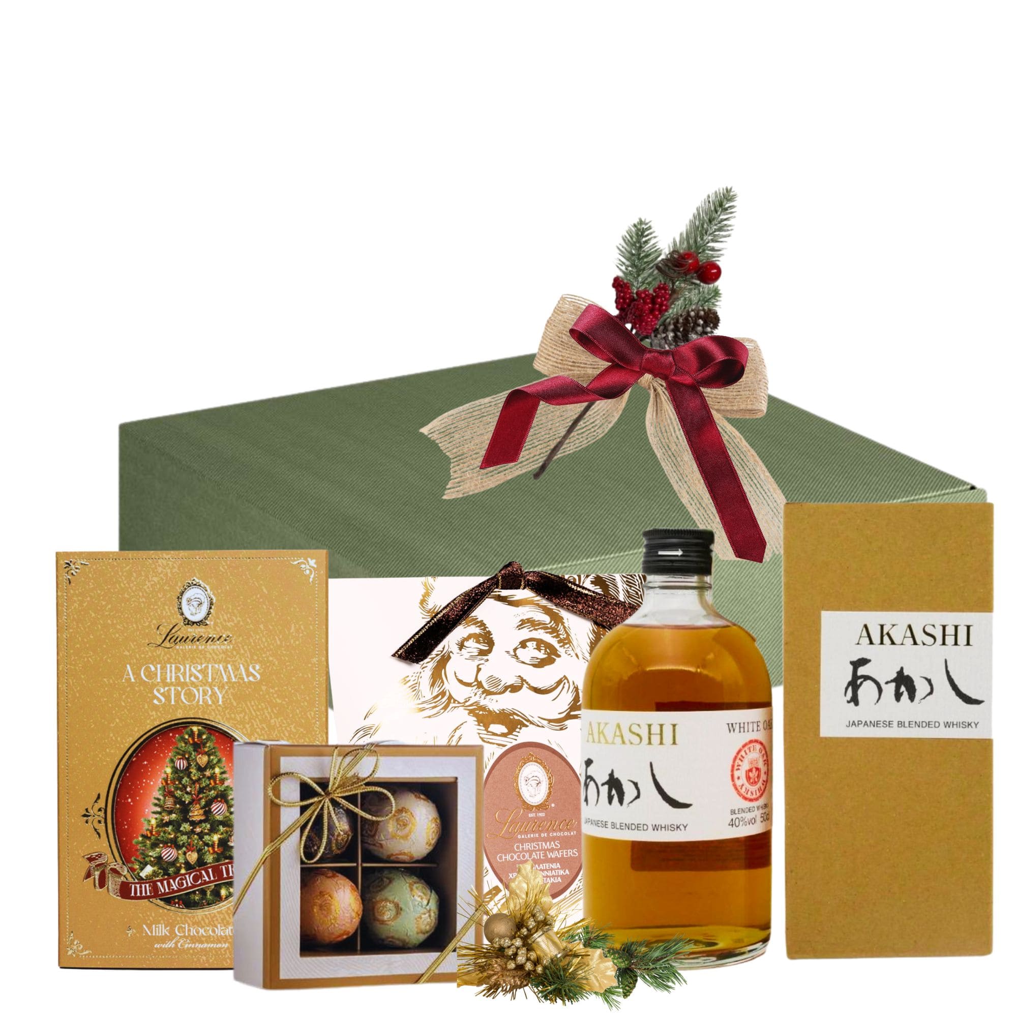 Cadou Crăciun Whisky Deluxe cu Akashi White Blend şi praline Laurence în cutie festivă