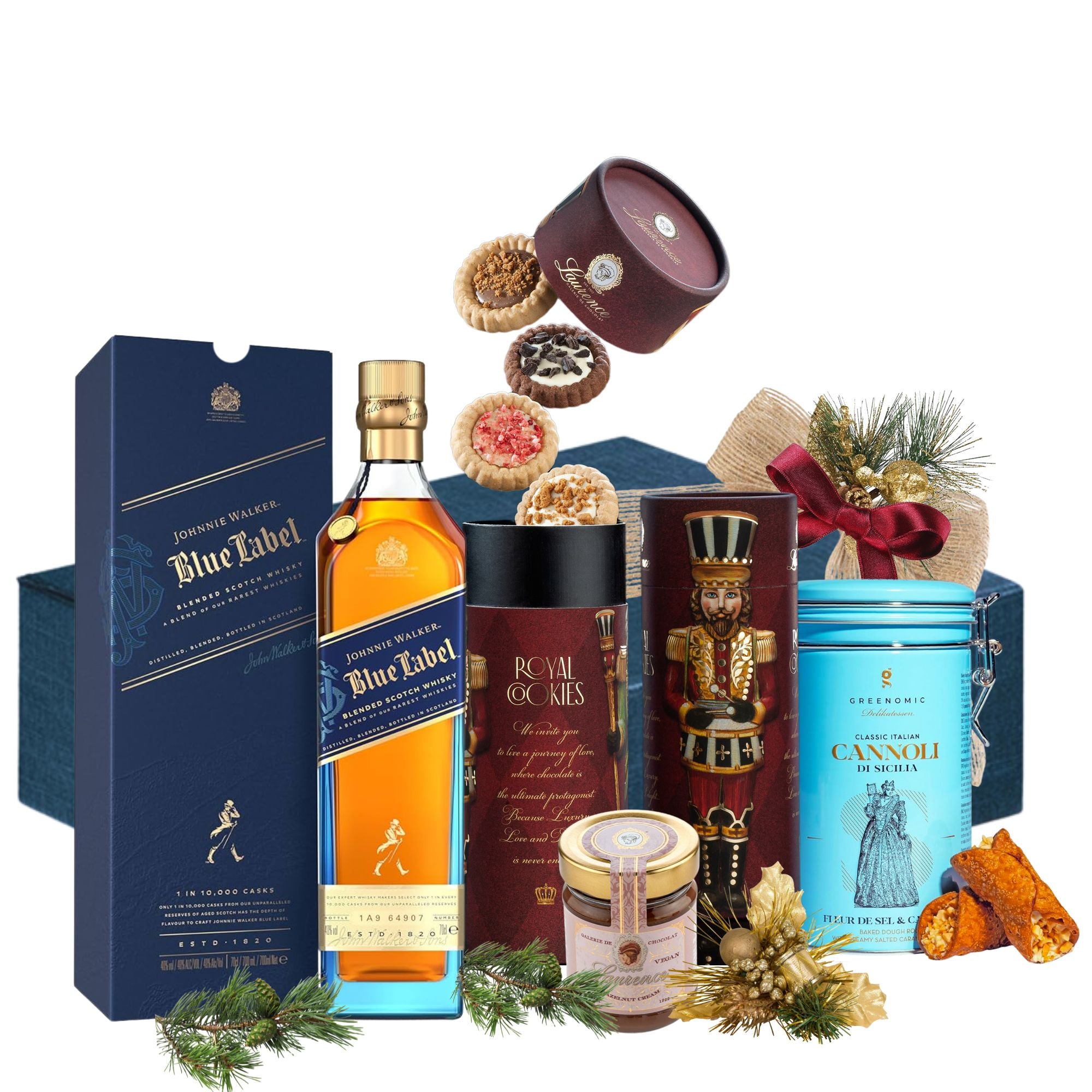 Cadou Whisky Distinction cu Johnnie Walker Blue Label și delicii Mathez & Royal Laurence într-o cutie festivă