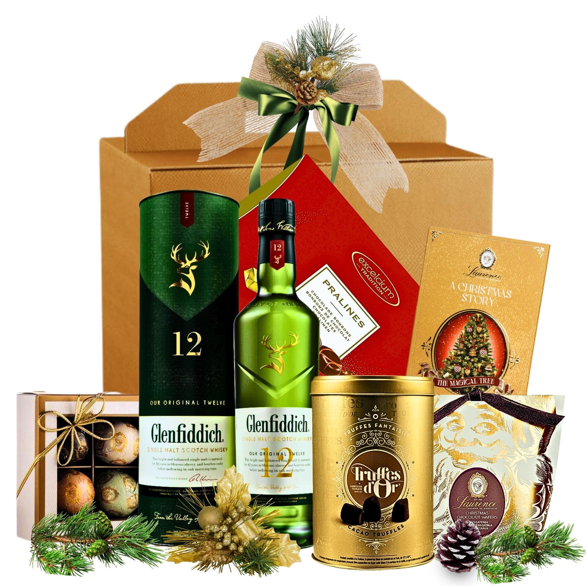 Coș cadou Glenfiddich Cheer cu whisky 12 ani și selecție de trufe și praline într-o cutie festivă