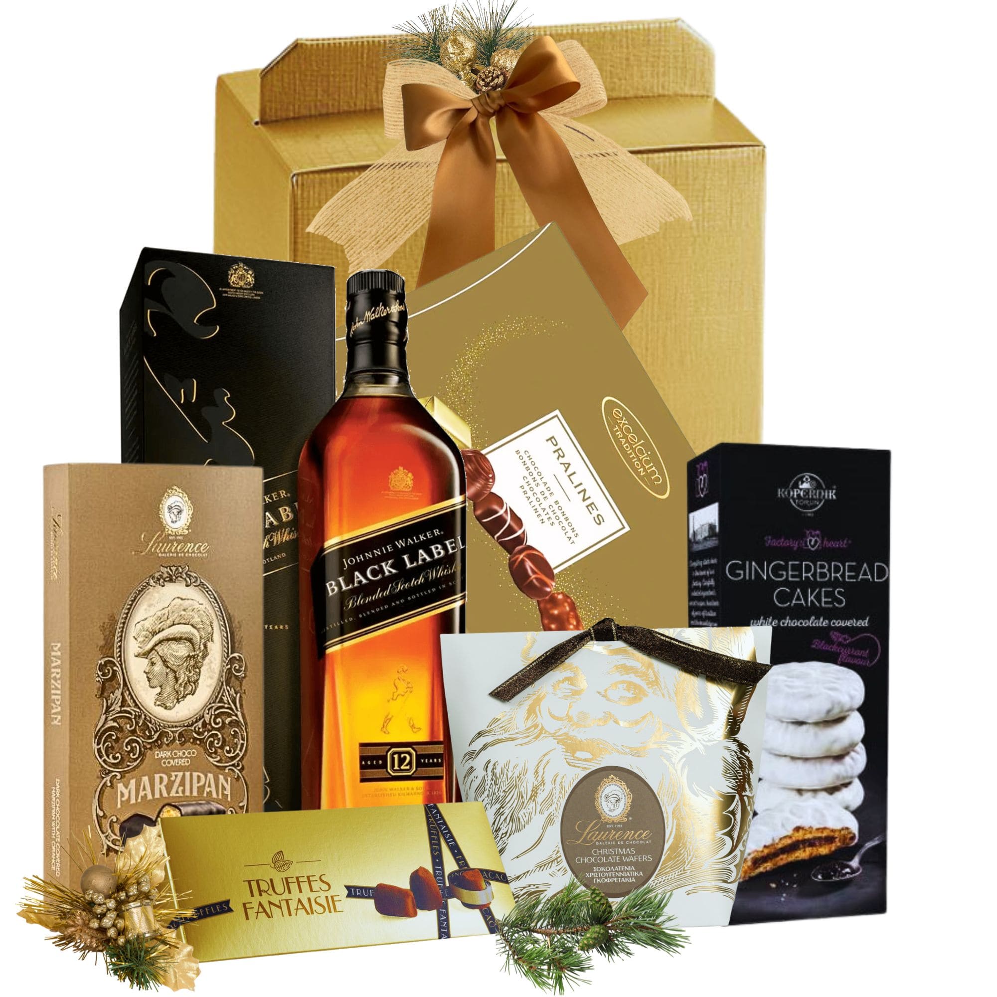 Johnnie Walker Black Label 12 Ani alături de prăjituri Kopernik, vafe cu ciocolată și pralină, trufe Mathez și praline Excelcium, aranjate într-o cutie cadou festivă.