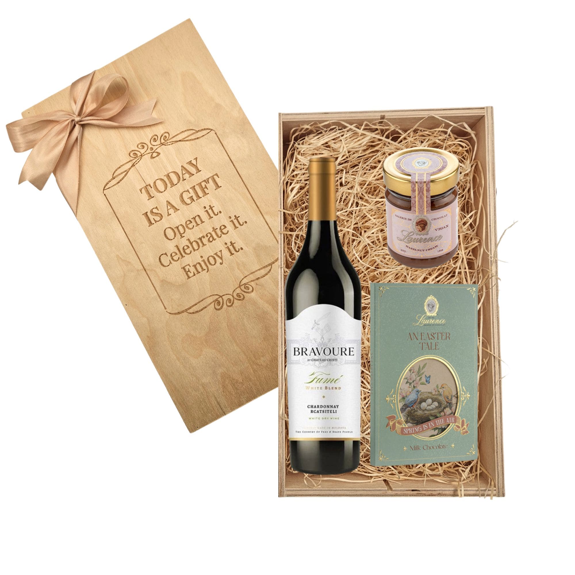 Coș Cadou Easter Elegance cu vin Chardonnay Fumé și dulciuri Laurence într-o cutie de lemn rustic