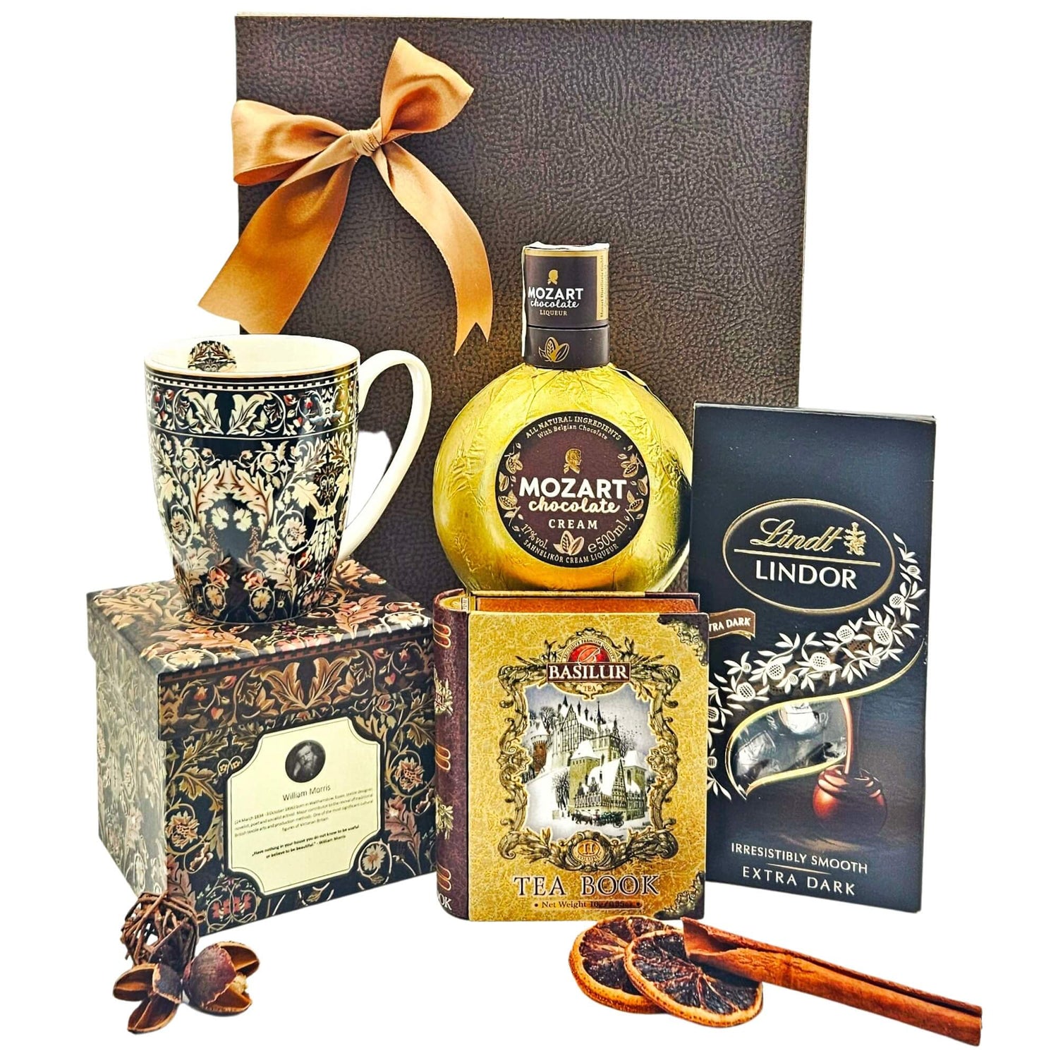 Set Melodic Delights cu lichior Mozart, ciocolată Lindt, ceai Basilur și cană William Morris într-o cutie cadou elegantă