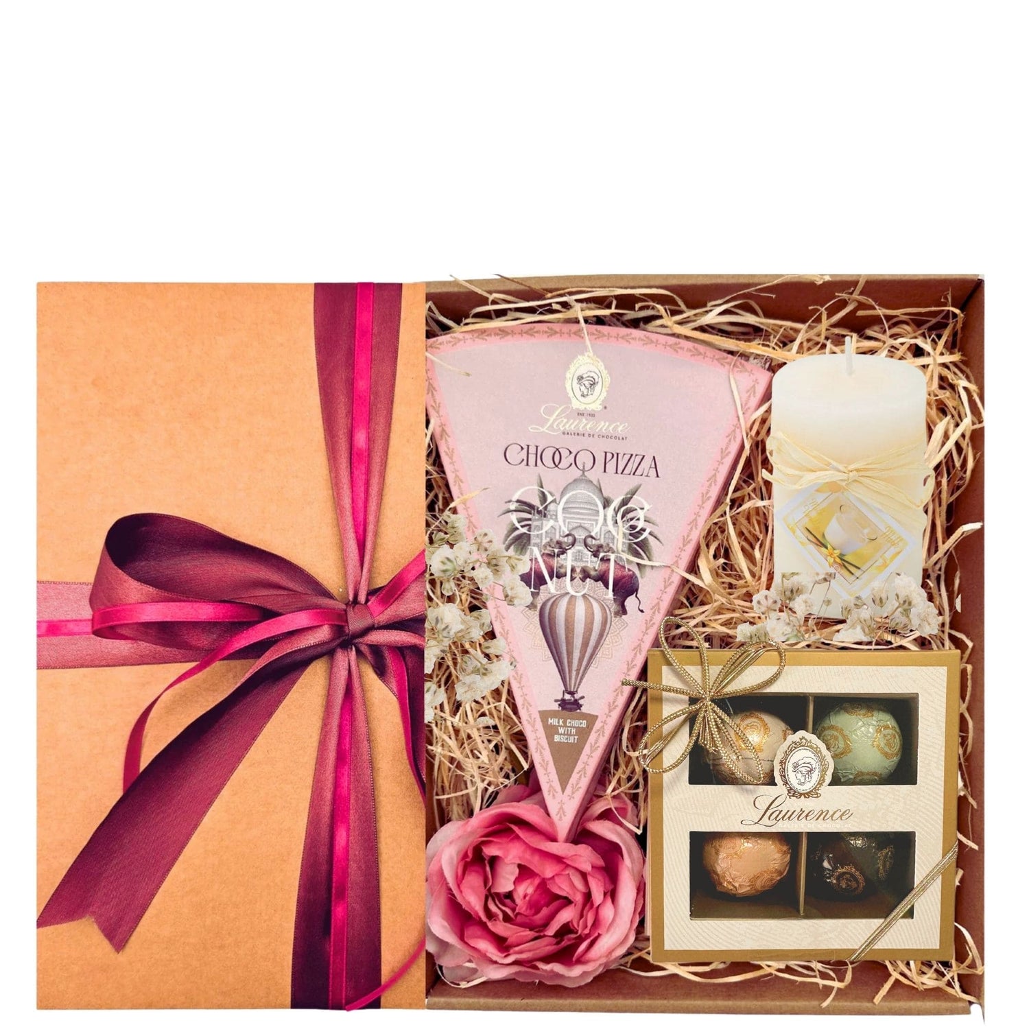 Cadou Mystique Rose cu Laurence Choco Pizza, praline Bells, lumânare parfumata și decor trandafir roz