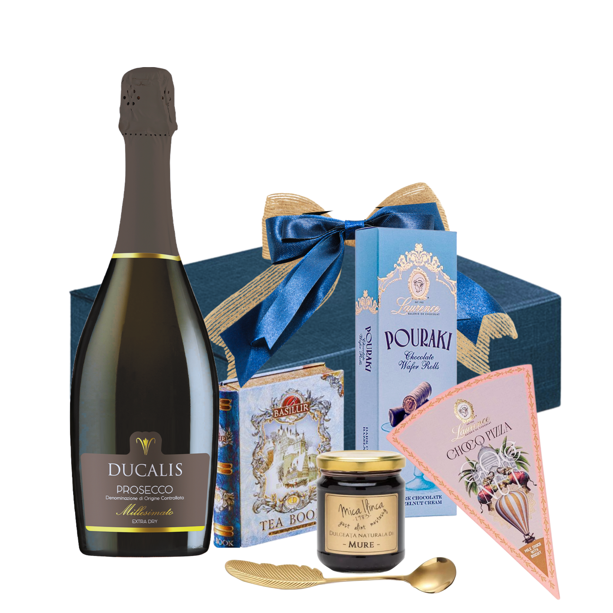 Cadou Prosecco Blue Splendor cu prosecco Ducalis și dulciuri gourmet