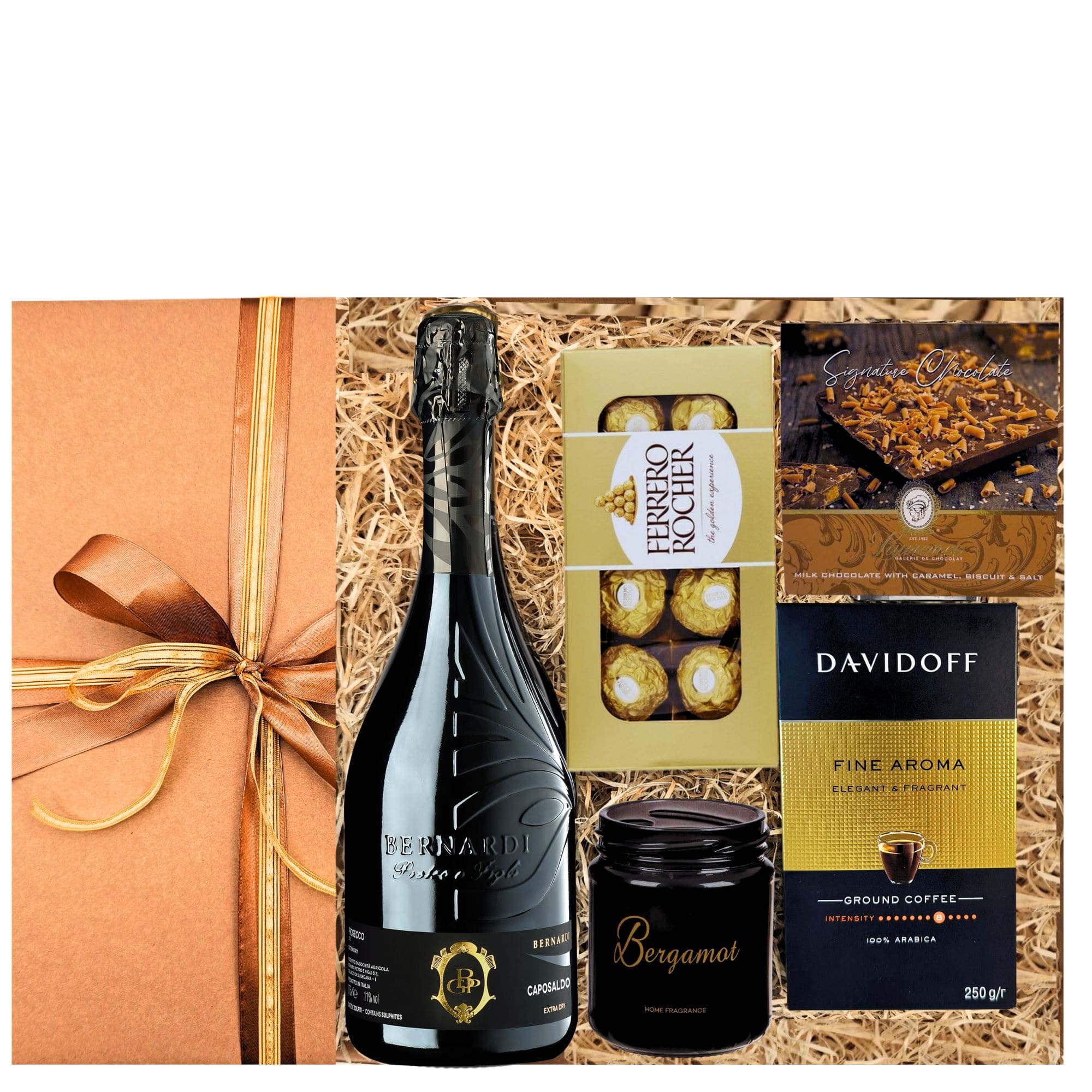 Set Prosecco & Fine Aroma cu Prosecco Caposaldo extra dry, praline Ferrero Rocher, cafea Davidoff, ciocolată Laurence și lumânare în cutie premium