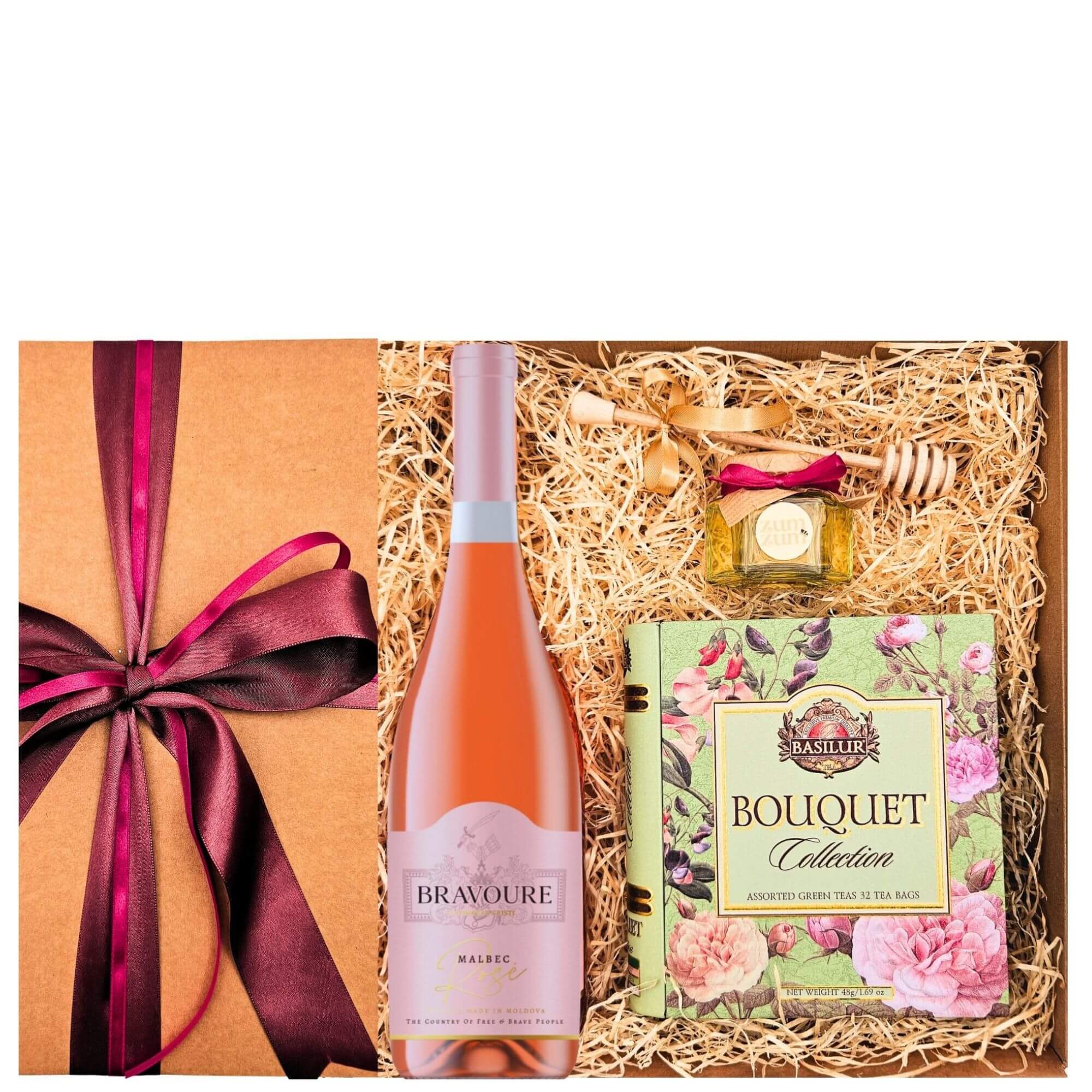 Coș Rosé Reverie cu vin Malbec Rosé, miere salcâm bio, baton miere spiralat și ceai Basilur în cutie cadou elegantă