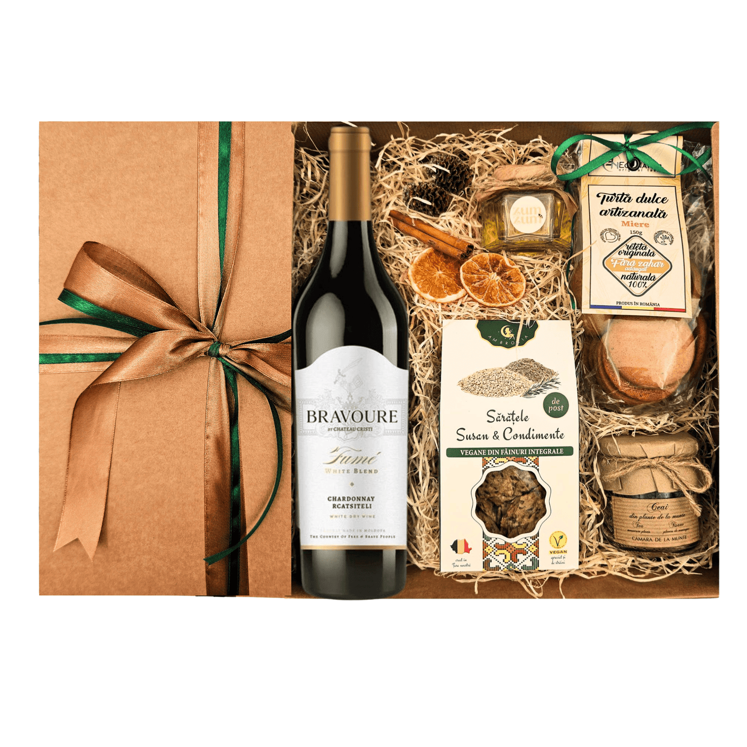 Coș Simfonia Gusturilor cu vin alb Fumee, miere salcâm bio, ceai montan, sărățele cu susan și turtă dulce cu ghimbir