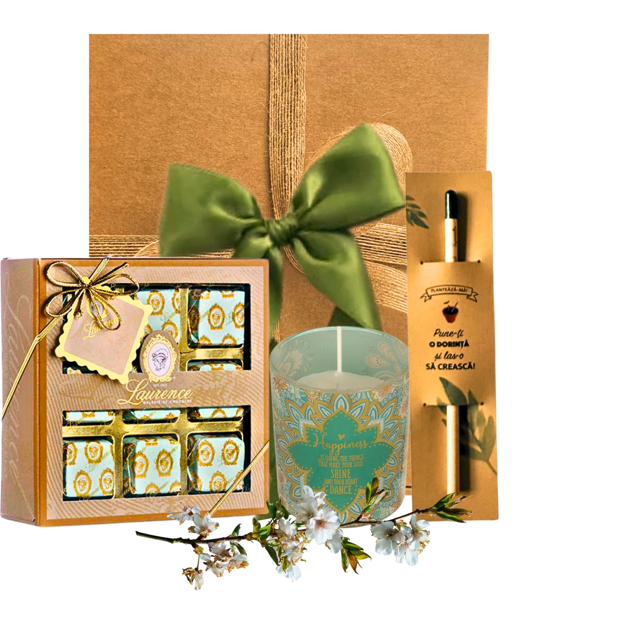 Coș Sweet Bloom cu praline Laurence, lumânare parfumată și creion plantabil