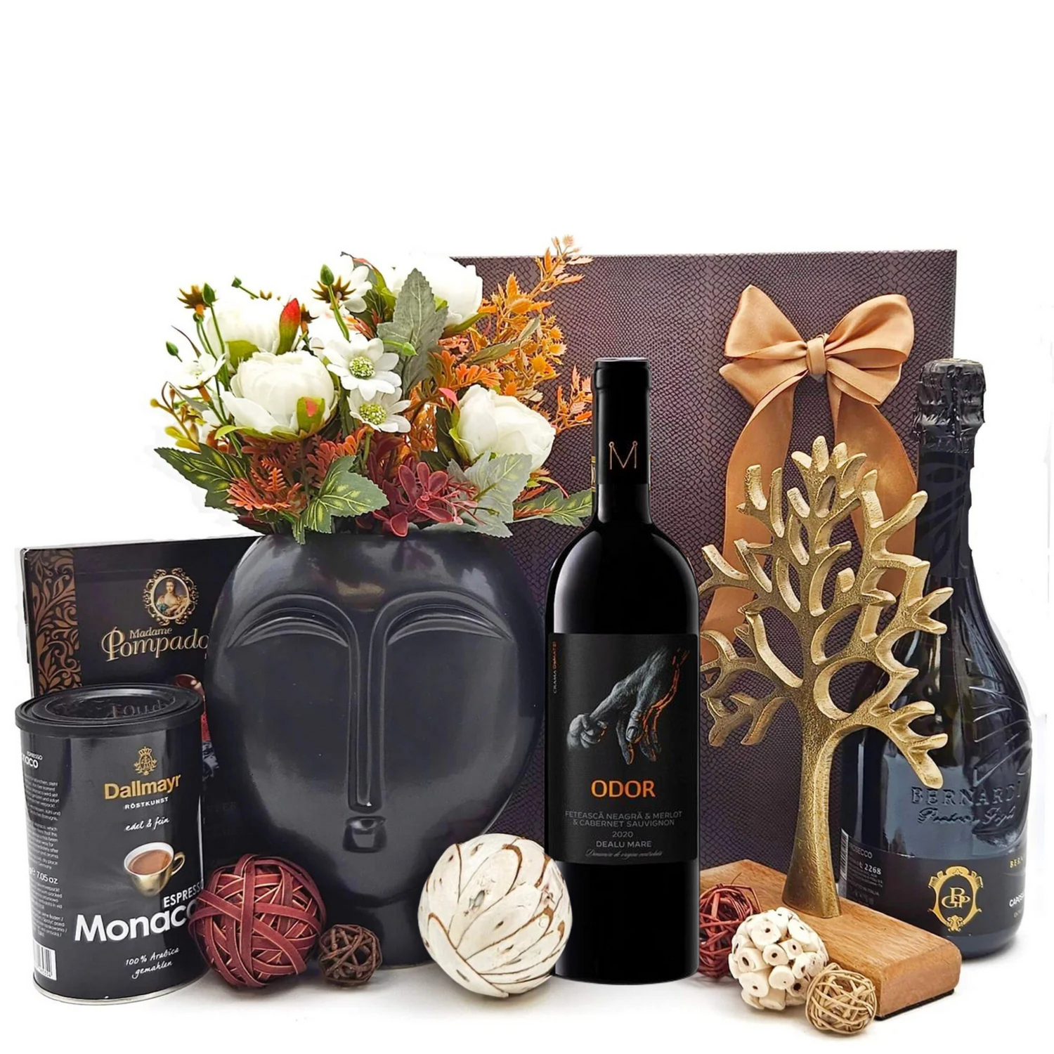 Set Tree Of Life cu Prosecco Caposaldo, vin roșu Odor, cafea Dallmayr, praline Madame Pompadour și decorațiuni într-o cutie cadou premium
