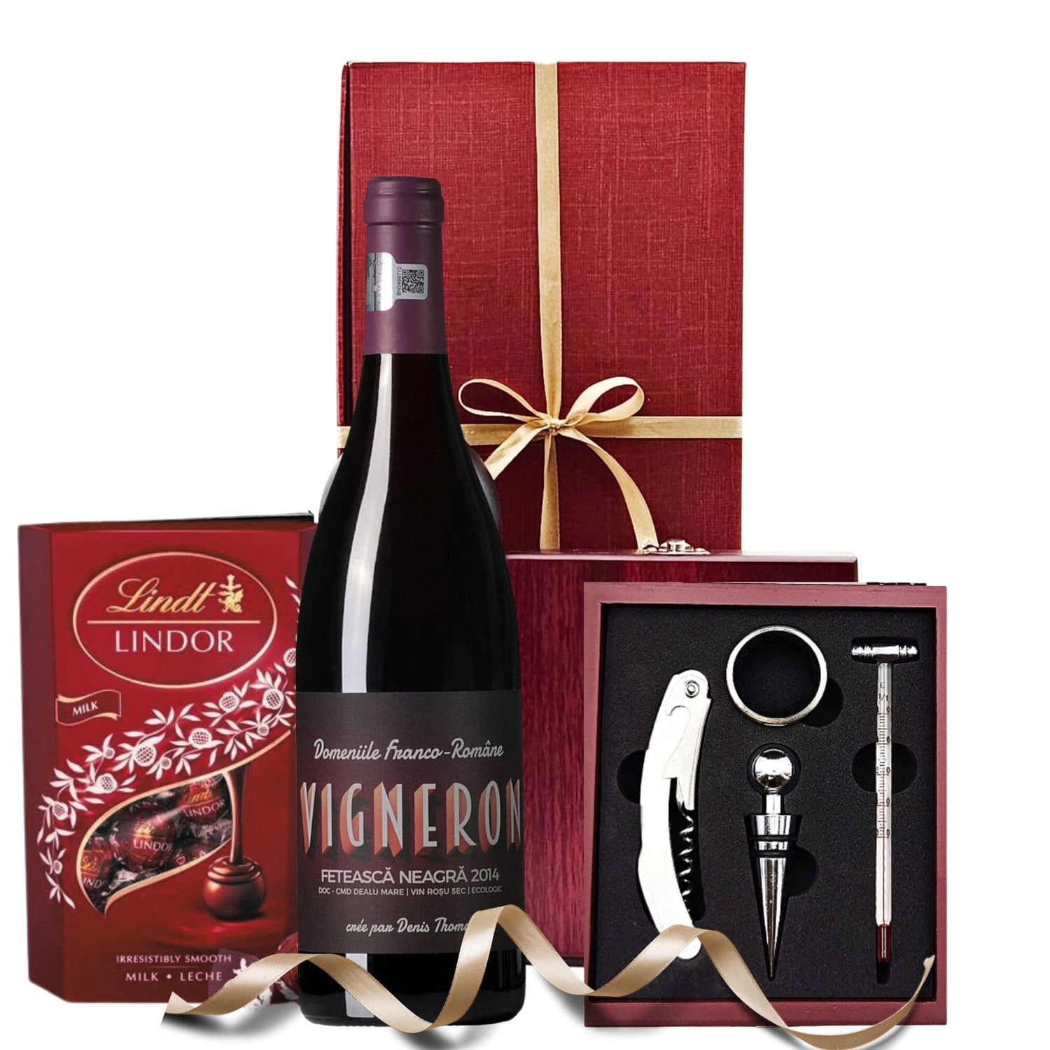Cadou Vin Roșu Amber cu accesorii de vin și bomboane Lindt în cutie cadou