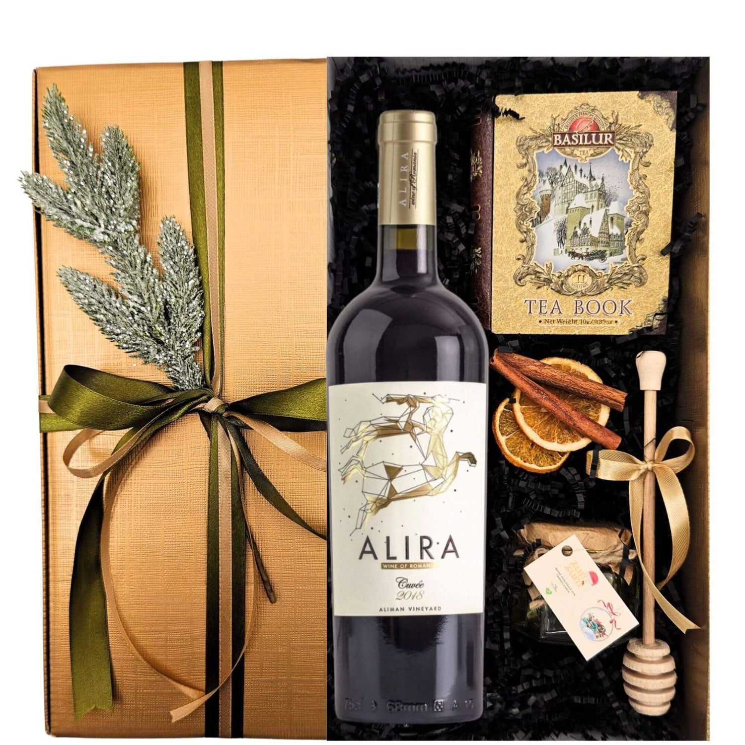 Coș Voyage Through Taste cu vin Crama Alira Cuvée 2018, miere salcâm bio, ceai Basilur și baton de miere în cutie premium