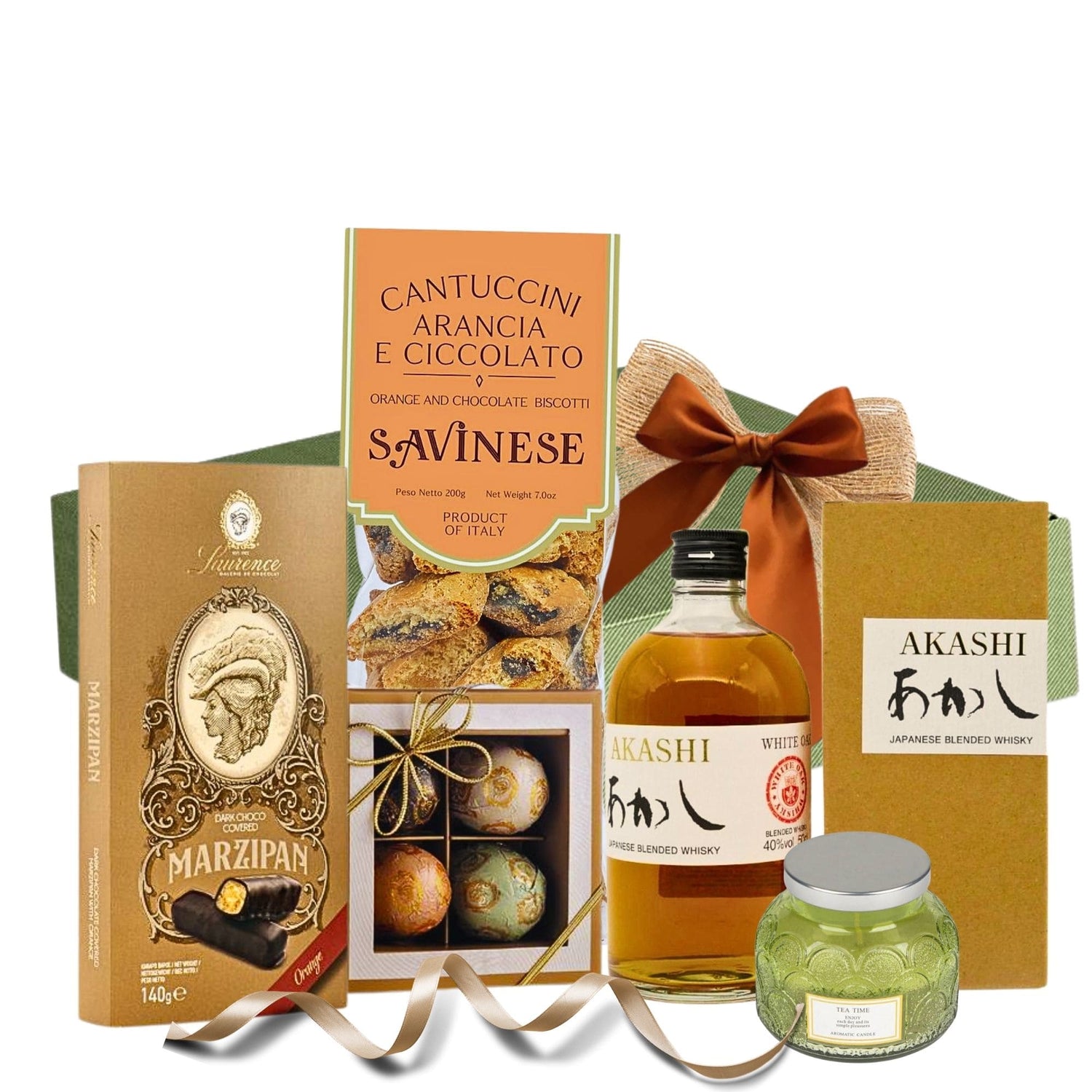 Cadou Whisky Voyage cu Akashi White Blend Whisky și praline Laurence în cutie eleganta