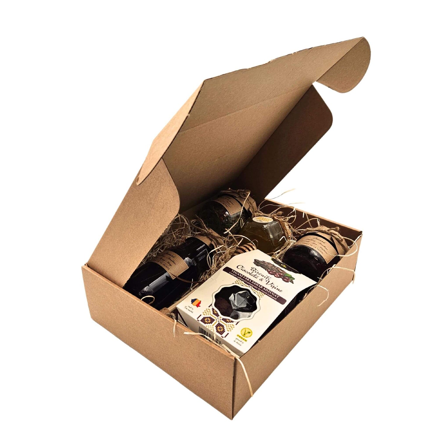 Set Elixirul Munților cu ceai montan, dulceață de zmeură, miere bio, sirop de afine și biscuiți vegani în cutie cu craft si cu lana de lemn 4