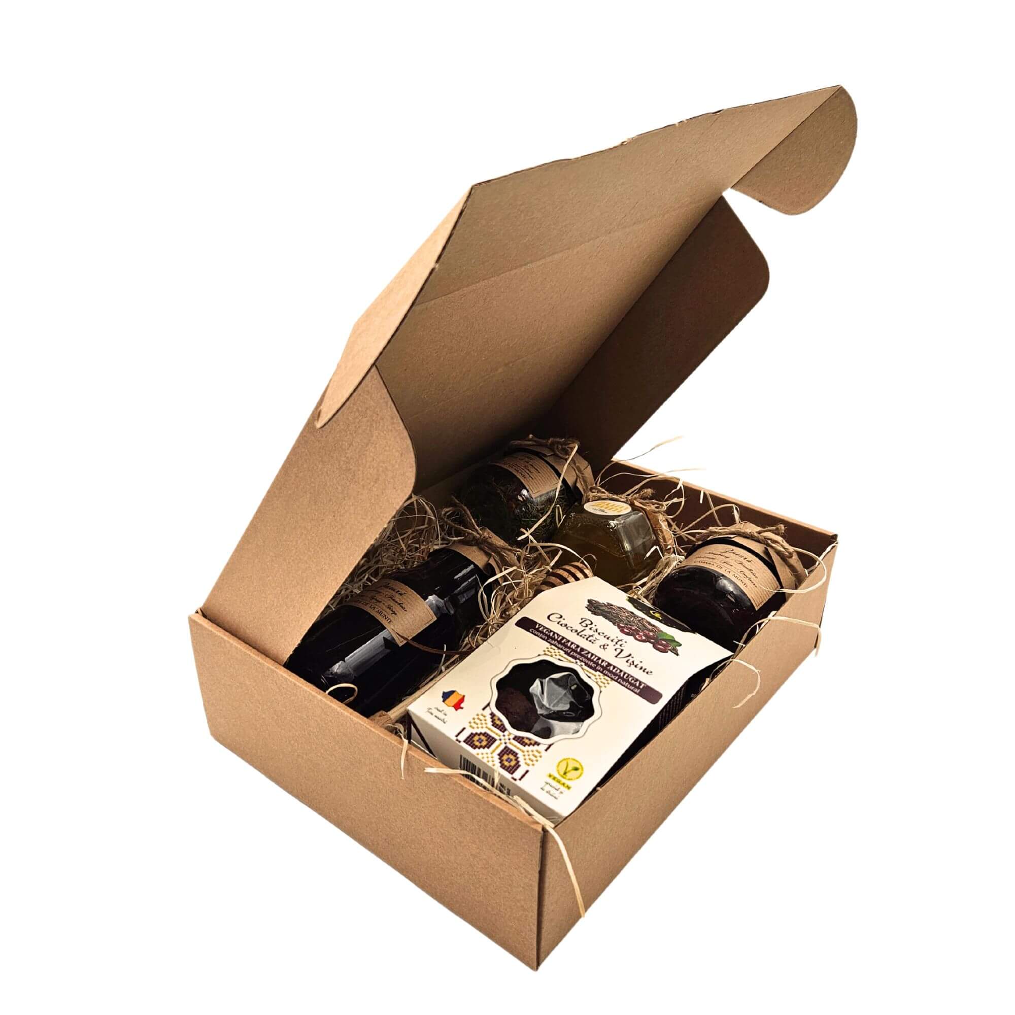 Set Elixirul Munților cu ceai montan, dulceață de zmeură, miere bio, sirop de afine și biscuiți vegani în cutie cu craft si cu lana de lemn 4