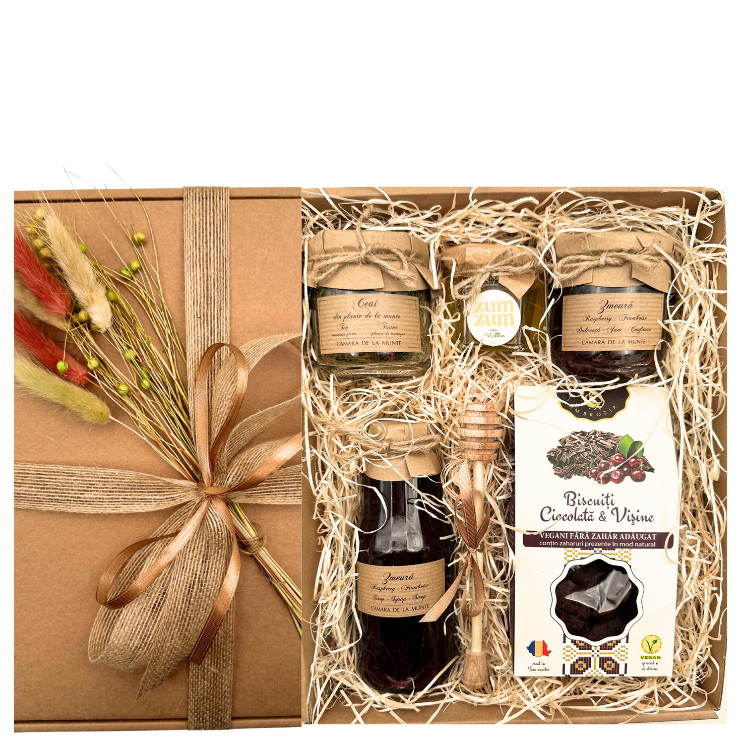 Set Elixirul Munților cu ceai montan, dulceață de zmeură, miere bio, sirop de afine și biscuiți vegani în cutie cu flori uscate