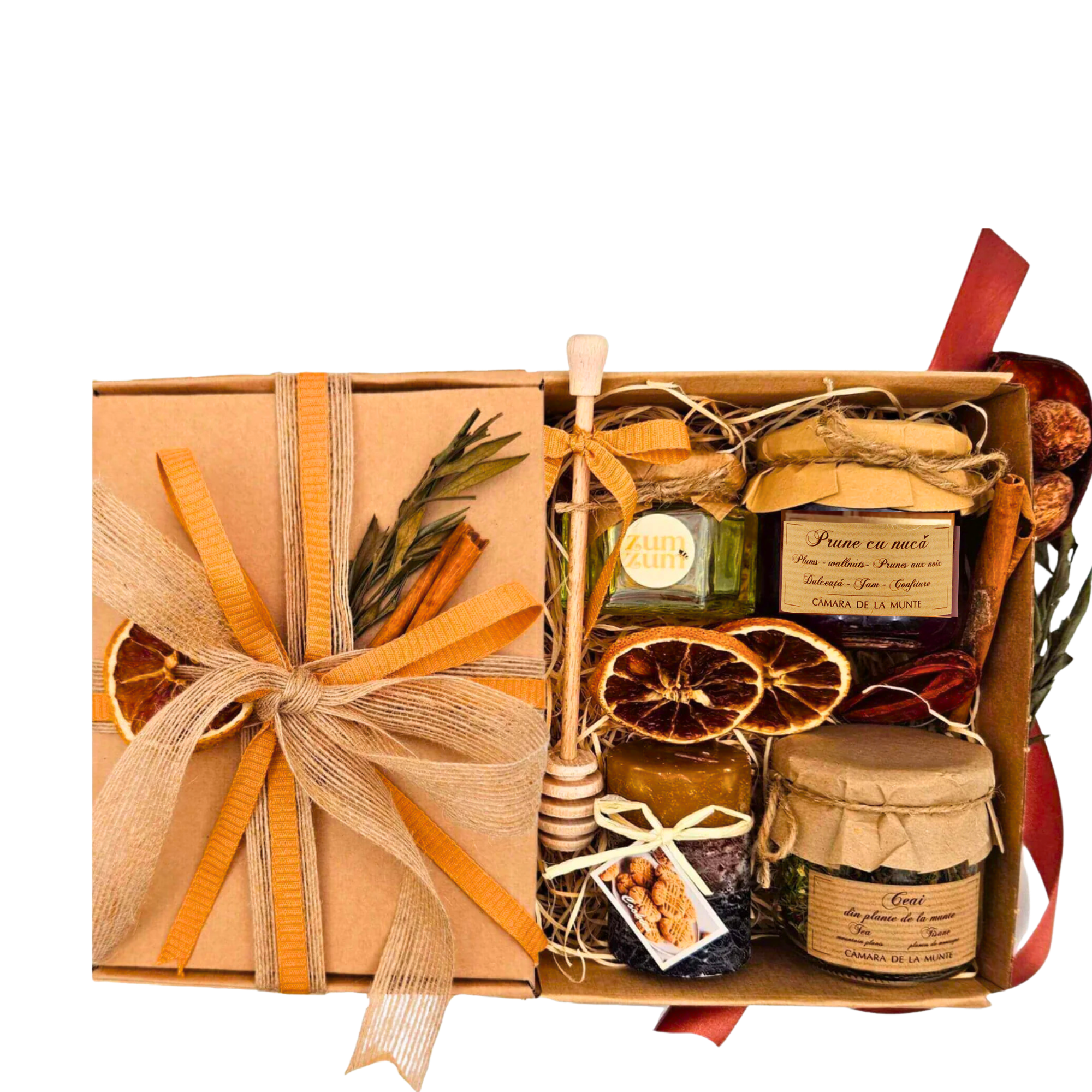 Coș Recolta de la munte cu ceai de plante de la munte, dulceață de coacăze negre, miere bio, lumânare parfumată și baton de miere