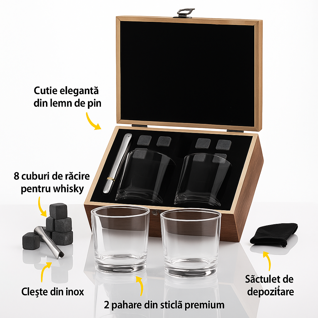cadou barbati ce contine 2 pahare whisky intr-o cutie de lemn premium