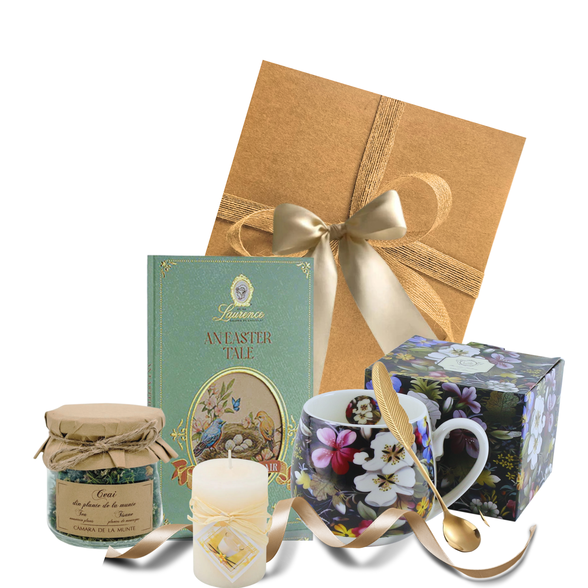 Coș Poveste de Paște cu ceai montan, ciocolată, cană florală și lumânare, ambalaj pastel