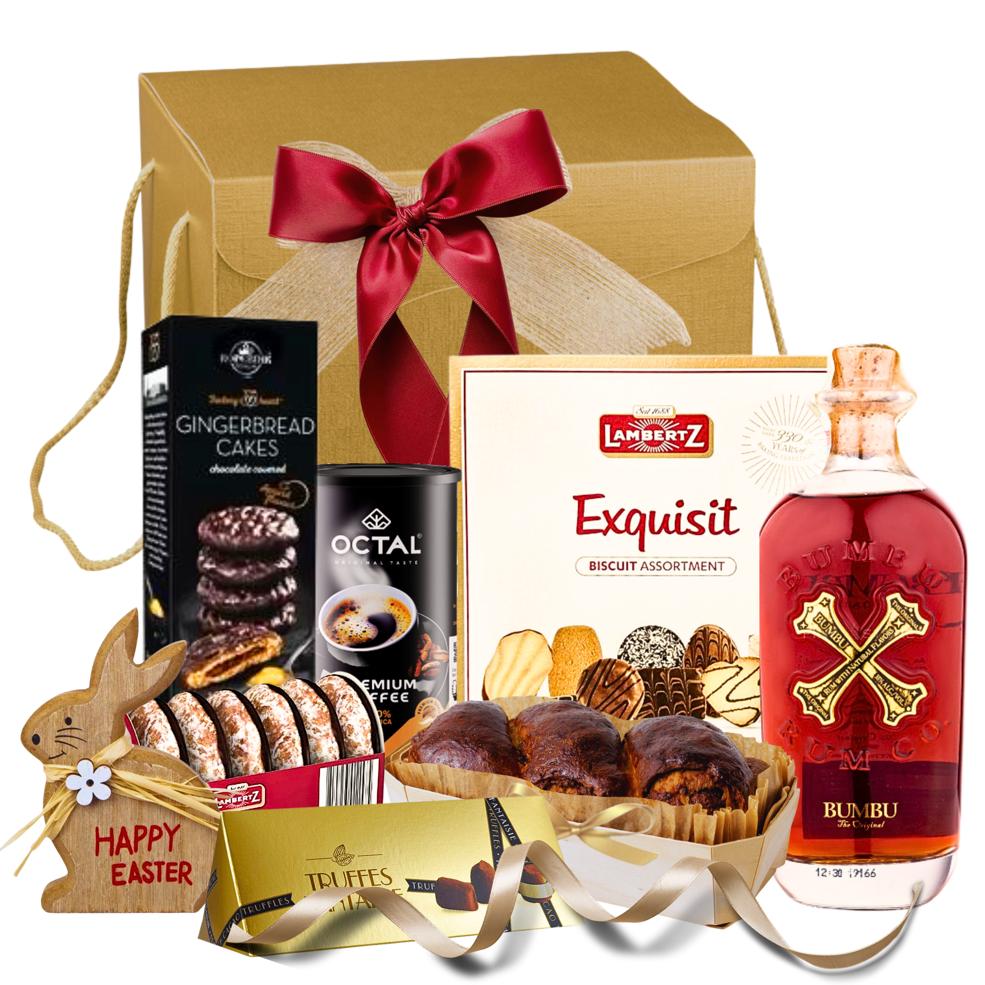 Coș Rum Feast cu Rom Bumbu, cafea Octal, prăjituri și trufe în ambalaj premium