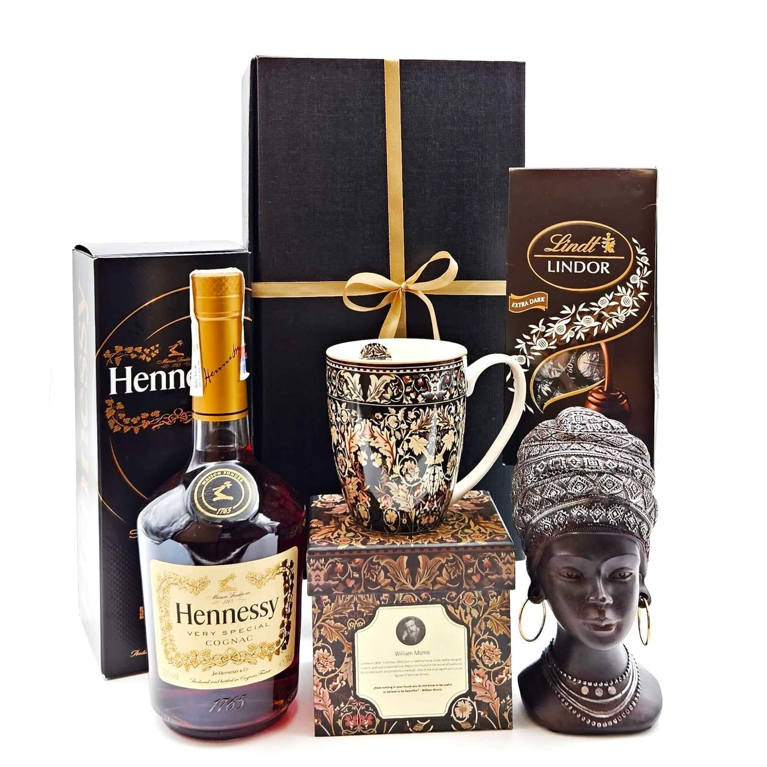 Set African Beauty Cognac cu coniac Hennessy VS, praline Lindt Lindor, bust african decorativ și cană William Morris în cutie cadou premium