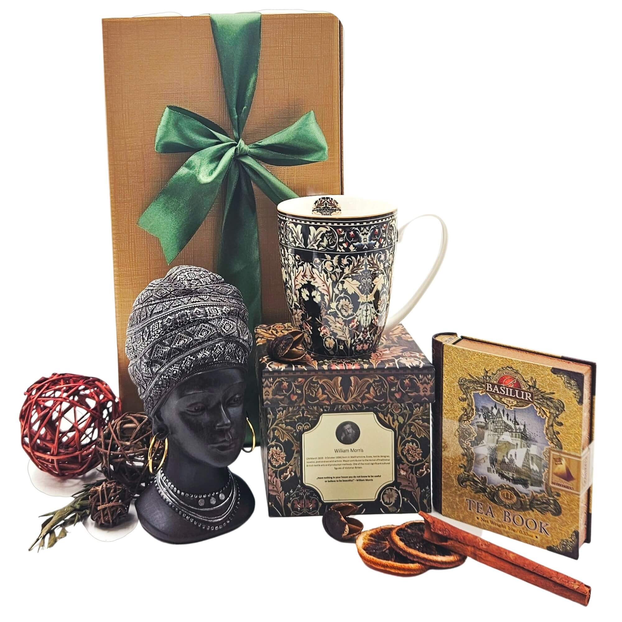 Set Tea & Art Deco cu ceai Basilur Tea Book, bust african decorativ, cană William Morris și cutie cadou premium