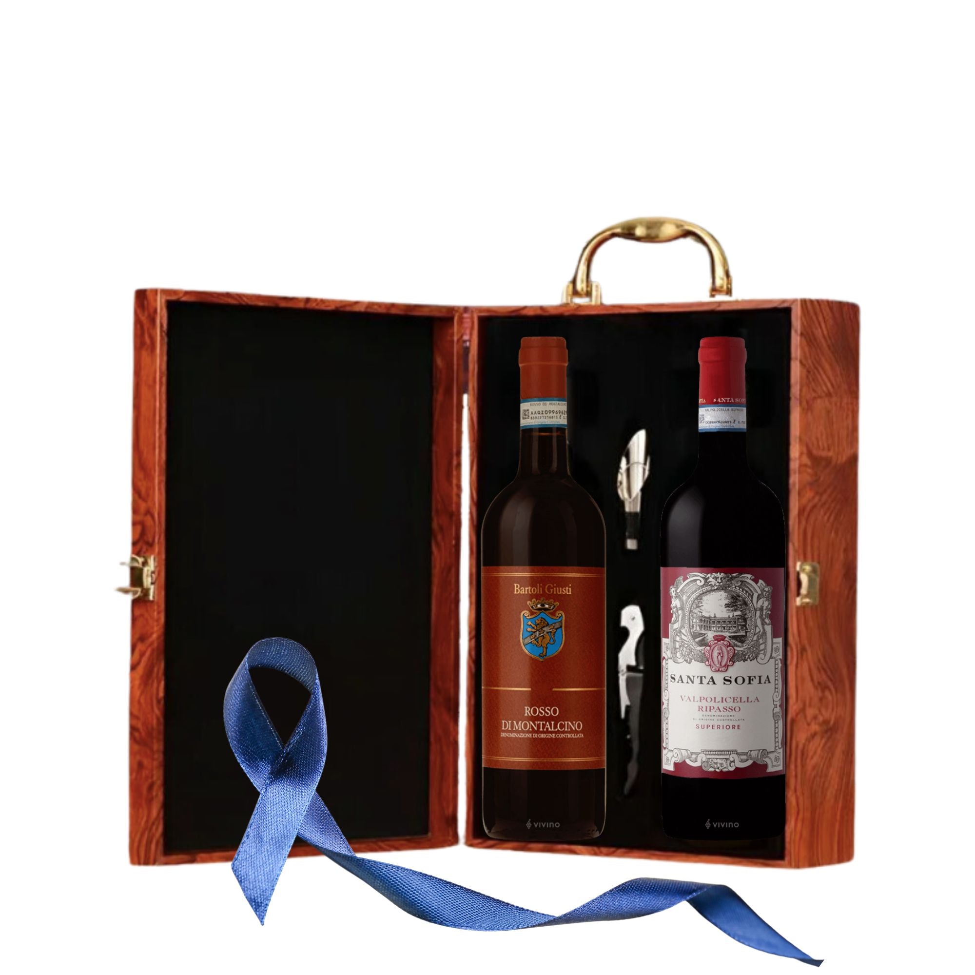 Coș True Connoisseurs cu Valpolicella Ripasso, Rosso di Montalcino și decantor Vinluxe Elite în ambalaj premium