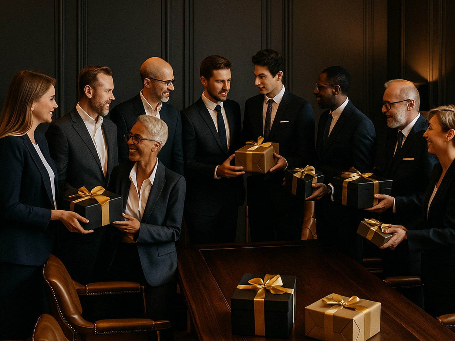 Executivi de top oferind cadouri premium într-un decor luxos – cadouri corporate pentru CEO și parteneri VIP