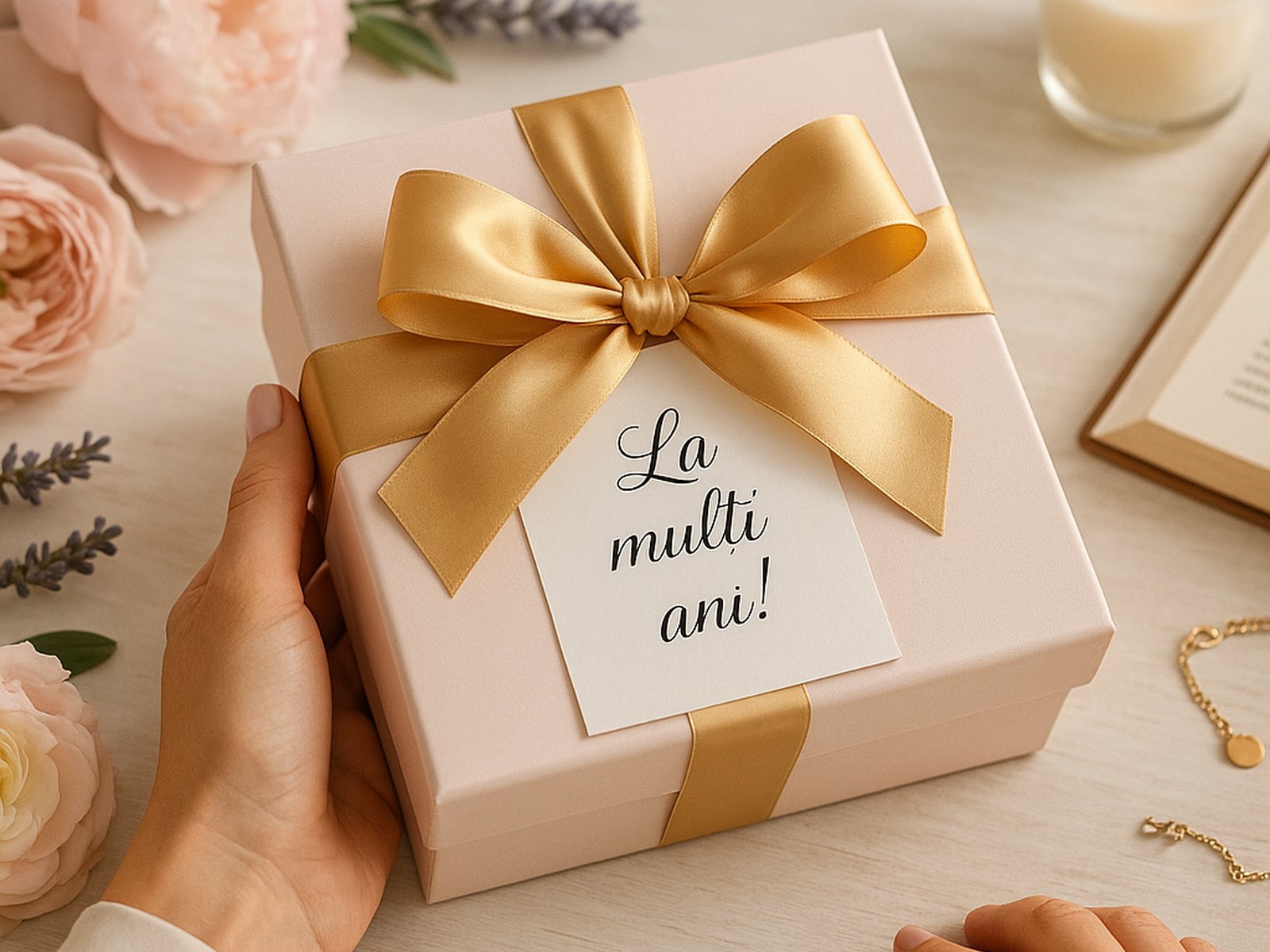 Mână feminină cu manichiură nude ținând o cutie cadou roz pudrat cu fundă auriu și eticheta „La mulți ani!” într-un decor floral.