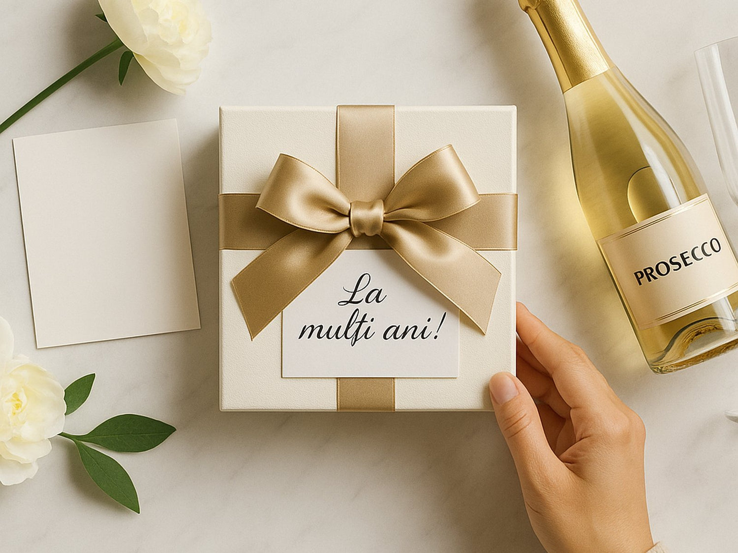 Cutie cadou albă cu fundă auriu pal și eticheta „La mulți ani!” pe fundal luminos cu decorațiuni minimaliste.