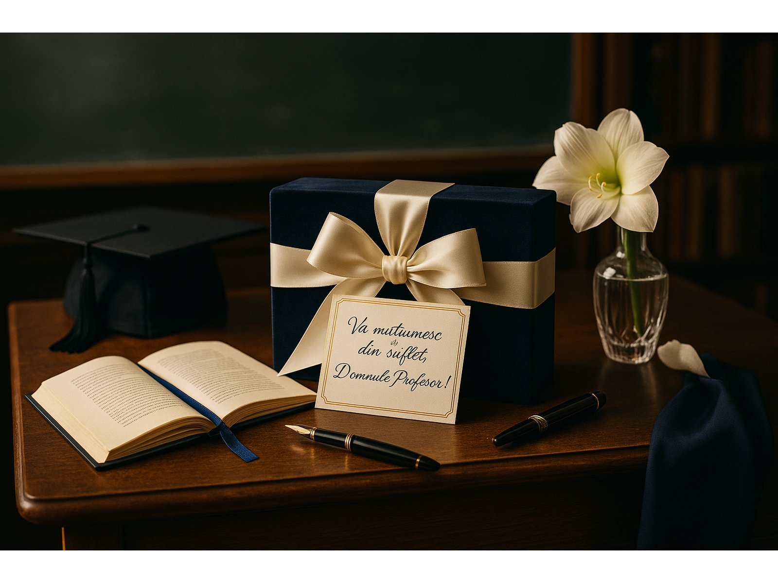 Cutie cadou bleumarin cu fundă ivoire și felicitare „Vă mulțumesc din suflet, Domnule Profesor!” lângă tocă, carte și floare.