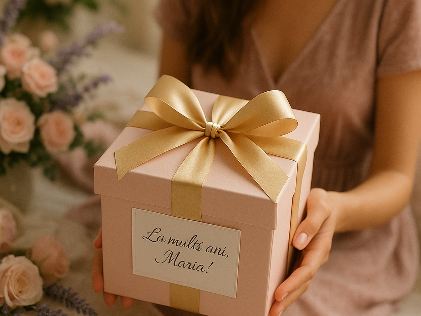 Femeie cu fața blurată ținând o cutie cadou roz cu fundă aurie „La mulți ani, Maria!”, înconjurată de flori pastel.
