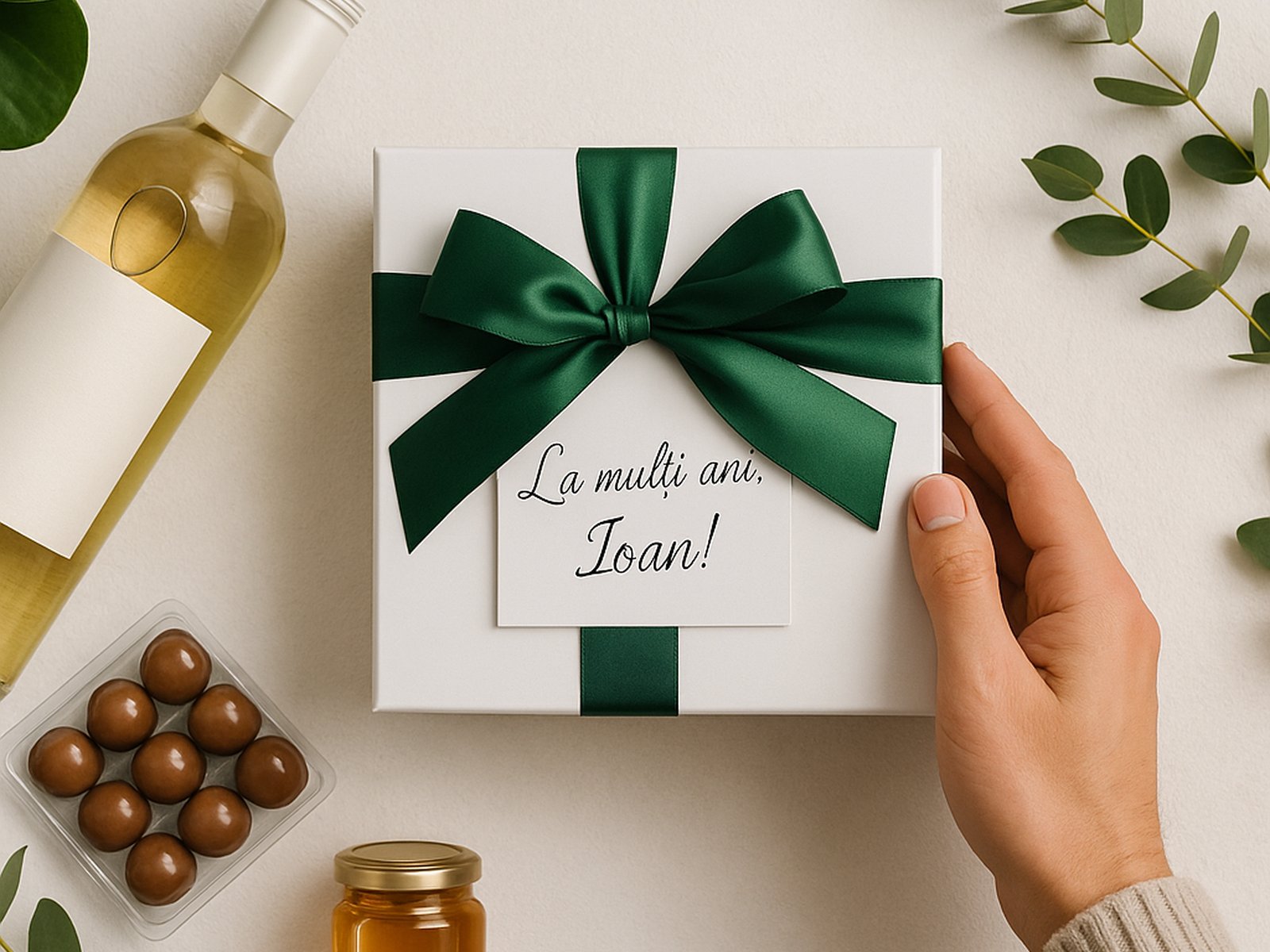 Cutie albă cu fundă verde și eticheta „La mulți ani, Ioan!”, pe un fundal alb cu decor de toamnă neutru.