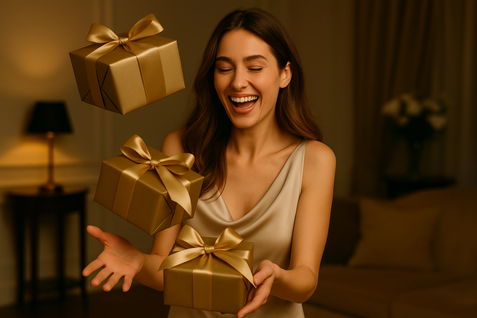 Femeie elegantă și fericită într-un decor rafinat, surprinsă în timp ce mai multe cutii de cadouri aurii par să cadă spre ea, imagine premium pentru categoria Cadouri pentru Femei – House of Gifts
