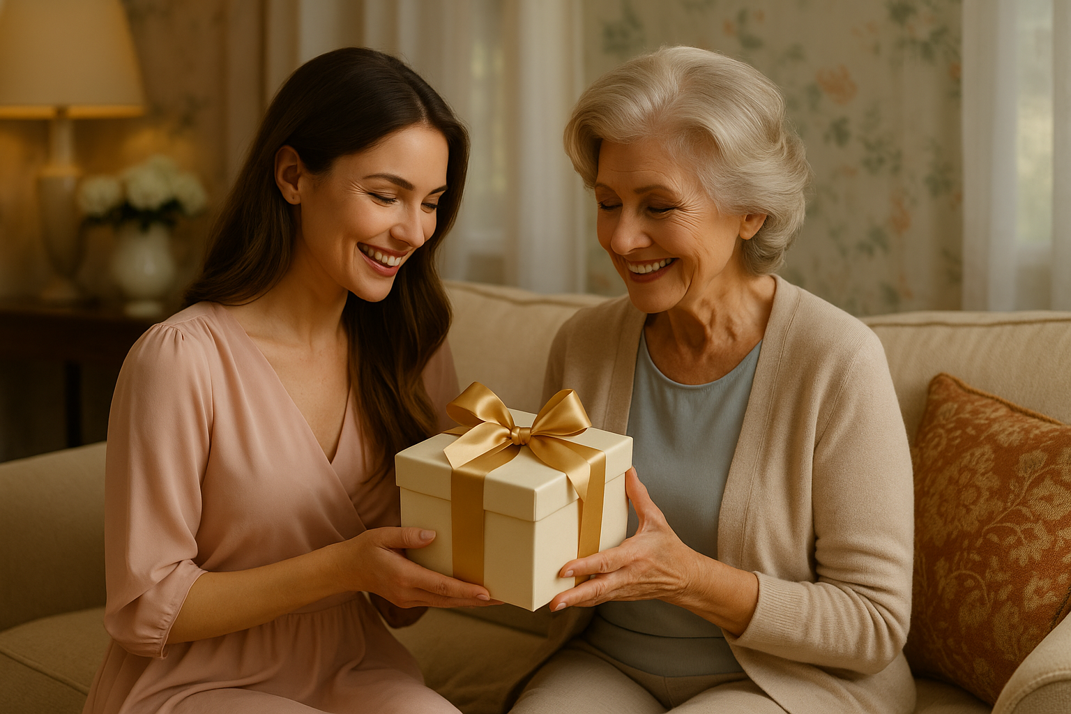 Mamă și fiică elegantă într-un decor cald și rafinat, fiica oferind mamei un cadou ivoire cu fundă aurie, ambele zâmbind emoționate, imagine premium pentru categoria Cadouri pentru Mamă – House of Gifts