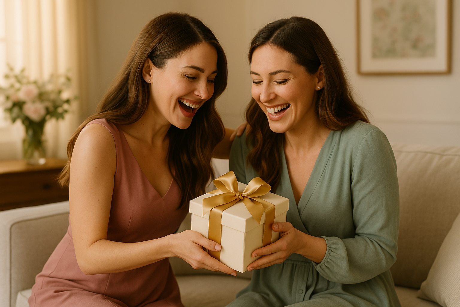 Două surori elegante zâmbind și bucurându-se de un moment special împreună, una oferind un cadou ivoire cu fundă aurie, într-un decor luminos și rafinat, imagine premium pentru categoria Cadouri pentru Soră – House of Gifts