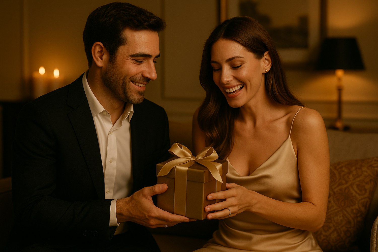 Cuplu elegant într-un decor cald de seară, soțul oferind soției un cadou auriu, ambii purtând verighete vizibile, moment de dragoste matură și complicitate, imagine premium pentru categoria Cadouri pentru Soție – House of Gifts