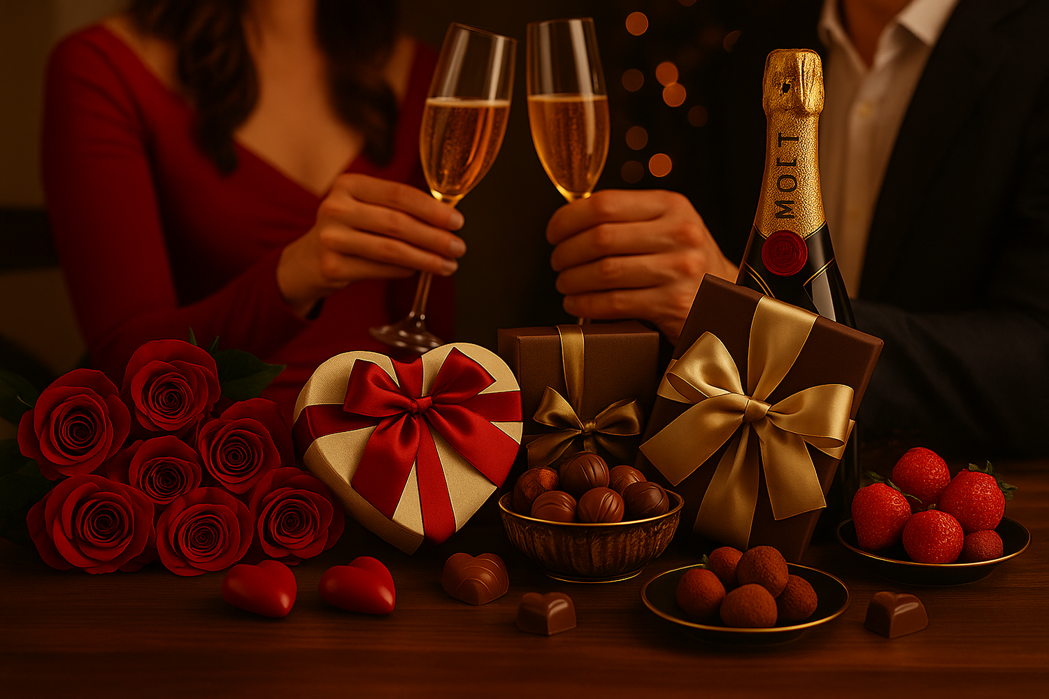 Cadou elegant de Valentine’s Day cu șampanie Moët &amp; Chandon, trufe fine, cutii de ciocolată luxoase și decor romantic cu trandafiri roșii — imagine premium House of Gifts.